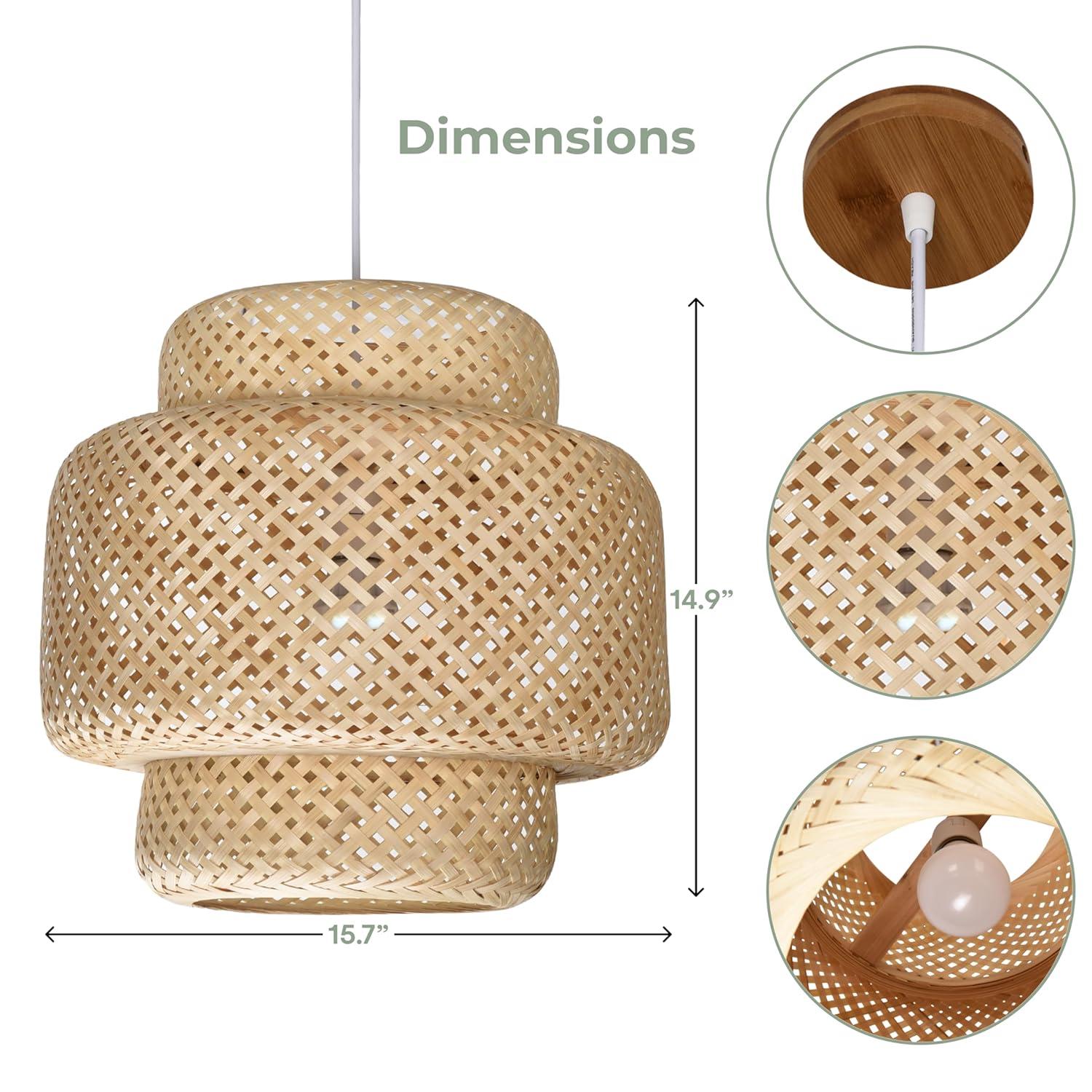 Hand Woven Rattan Lamp Shade - Bamboo Pendant Lights - Elegant Hanging Light Chandelier - Natural Boho Lighting Fixture - Dome Lamp Shade for Kitchen Island, Dining and Living Room - 14.96x15.71''