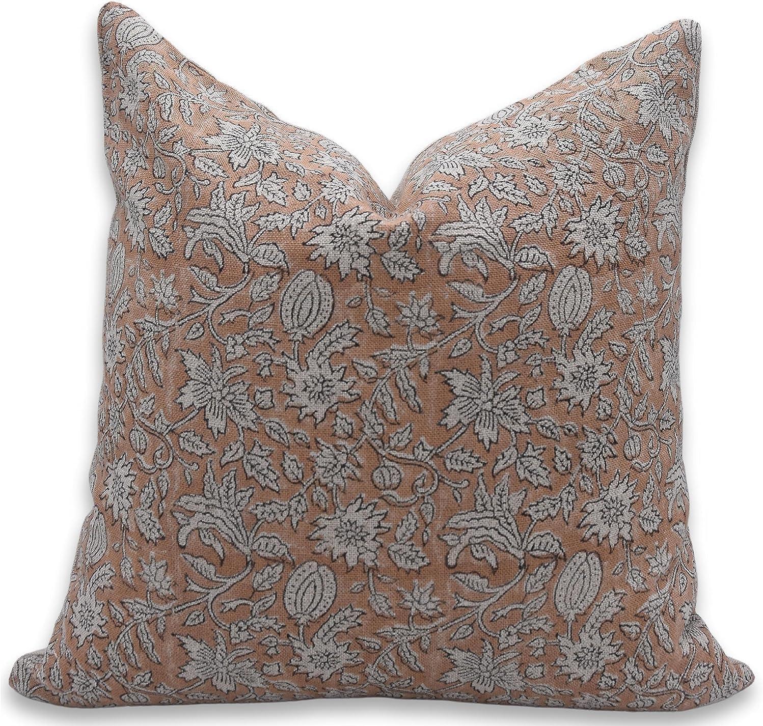 Rust Floral Block Print Linen 14x14 Pillow Cover