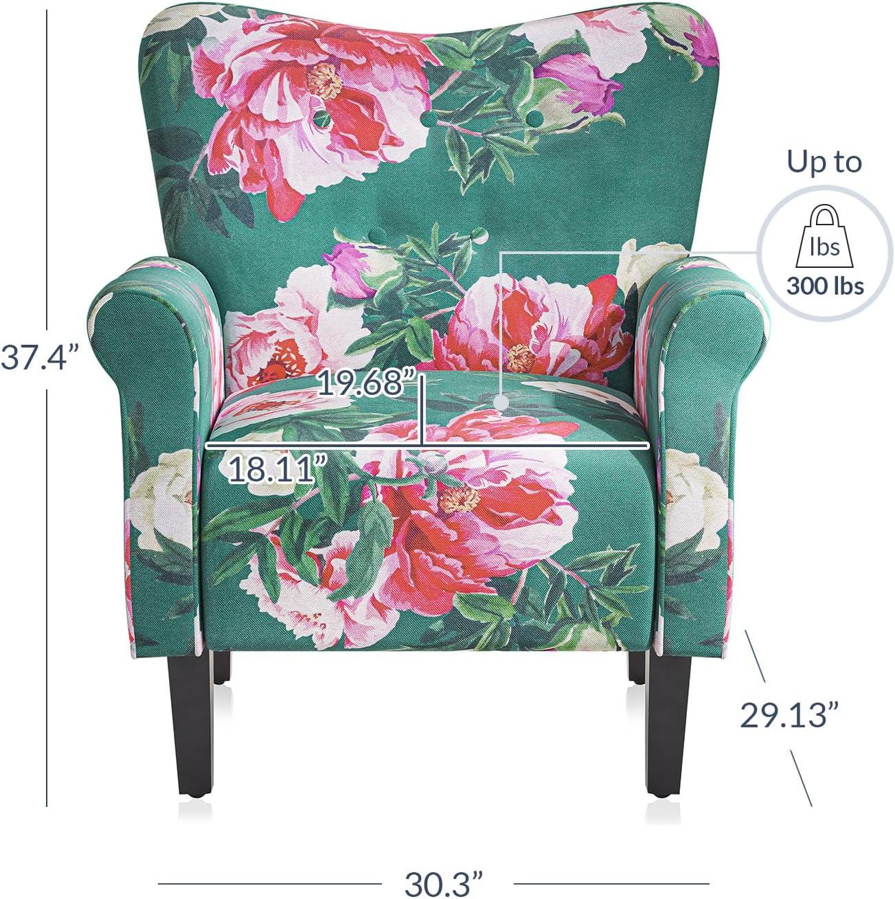 BELLEZE Modern Accent Chair for Living Room, High Back Linen Armchair with Wooden Legs, Upholstered Wingback Side Chair Padded Armrest Single Sofa for Living Room, Bedroom - Allston (Green & Flower)