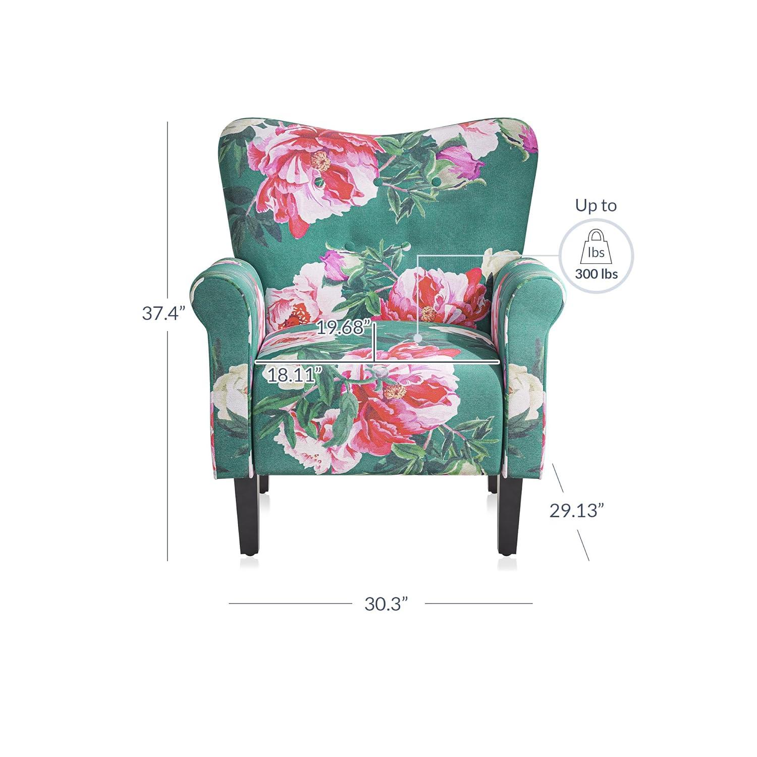 BELLEZE Modern Accent Chair for Living Room, High Back Linen Armchair with Wooden Legs, Upholstered Wingback Side Chair Padded Armrest Single Sofa for Living Room, Bedroom - Allston (Green & Flower)