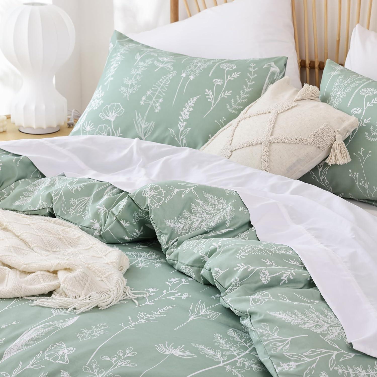 2 Pcs Floral Printed Reversible Sage Green Comforter Set Twin/Twin XL Size Soft Designed Plants Pattern Bedding Set - Bedsure
