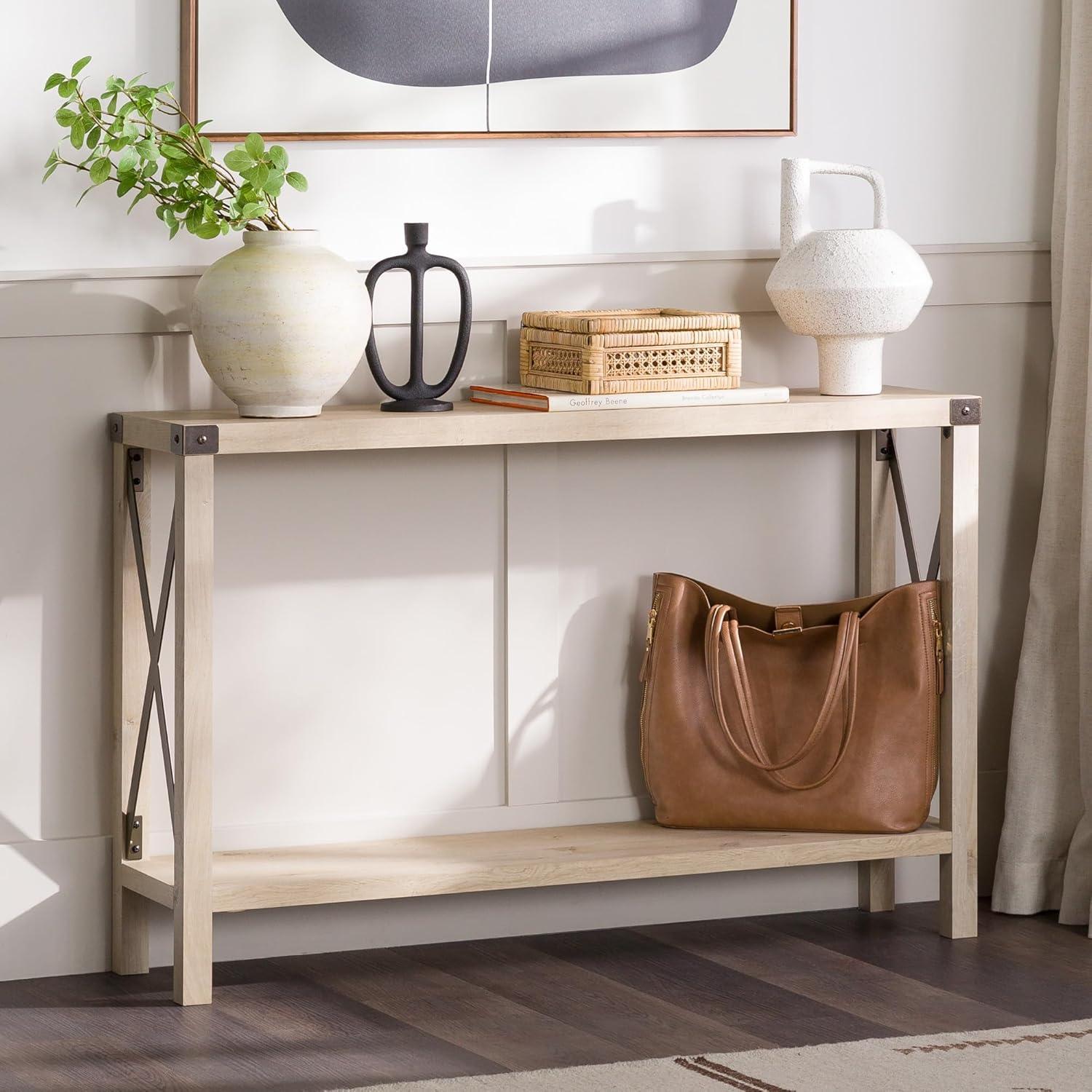 Walker Edison Magnolia Metal X Console Table, White Oak