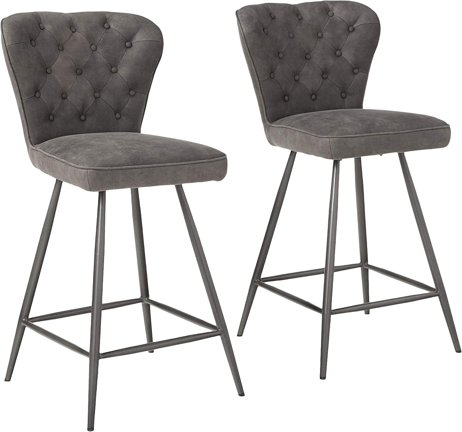 Ashby 26"H Mid-Century Modern Leather Tufted Swivel Counter Stool (Set of 2) - FOX1702 - Grey - Safavieh Couture