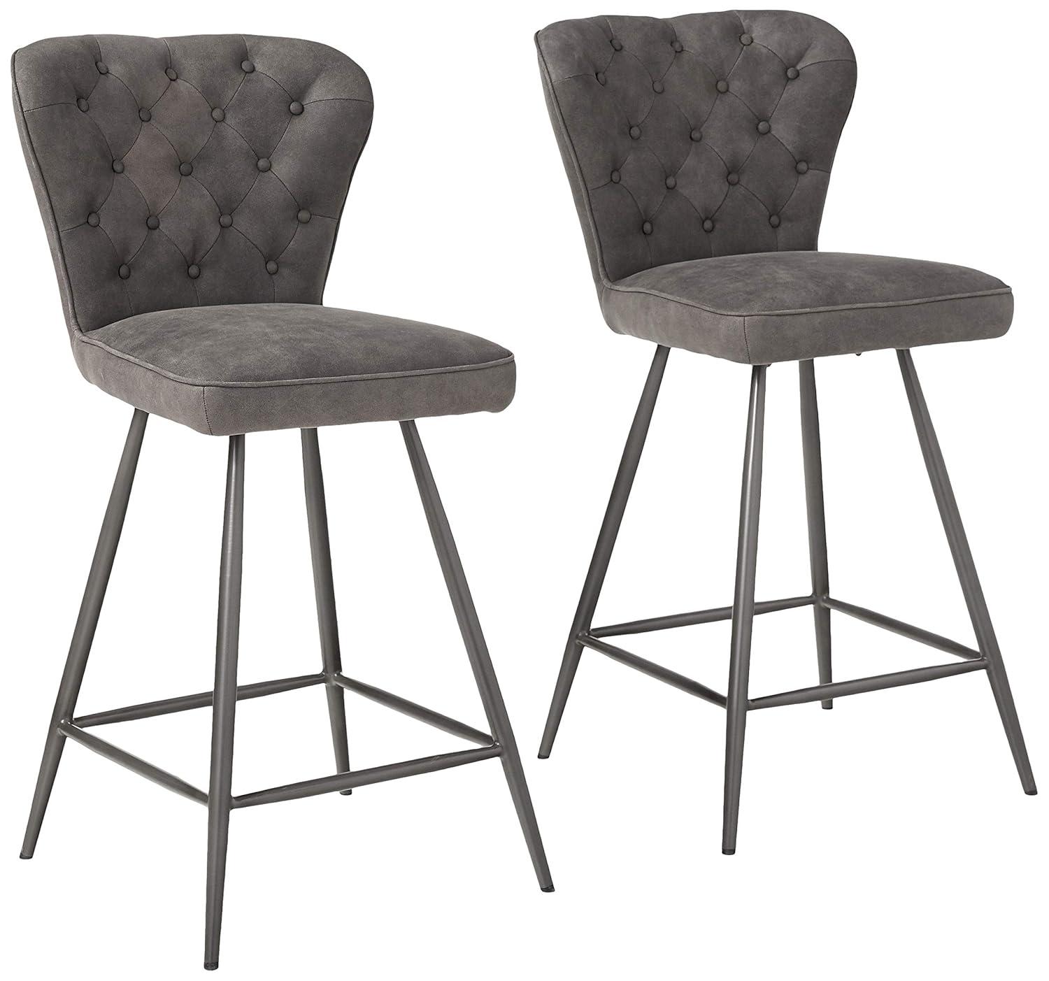 Ashby 26"H Mid-Century Modern Leather Tufted Swivel Counter Stool (Set of 2) - FOX1702 - Grey - Safavieh Couture