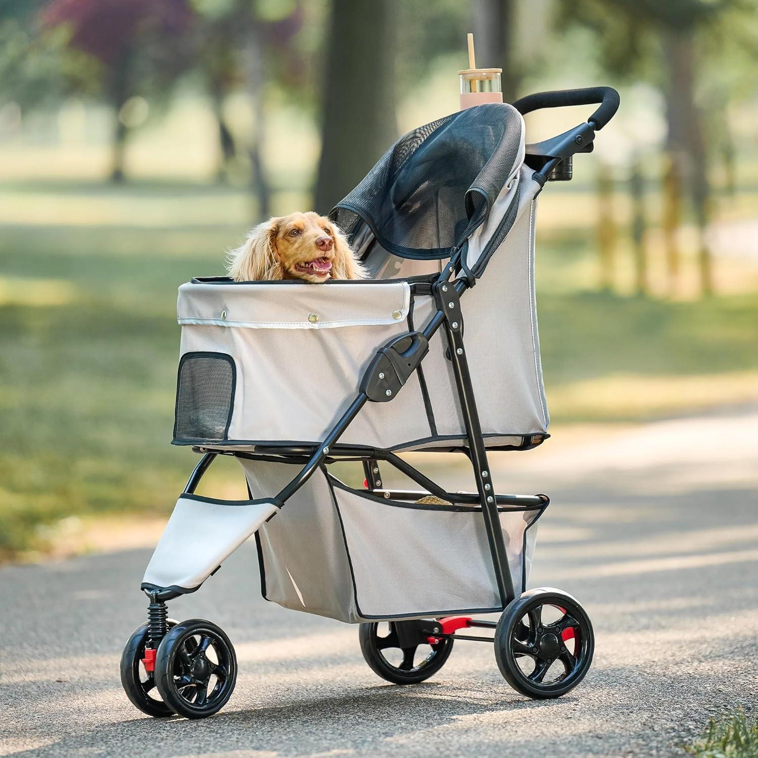 Khaki Mesh and Stainless Steel Pet Stroller with Canopy