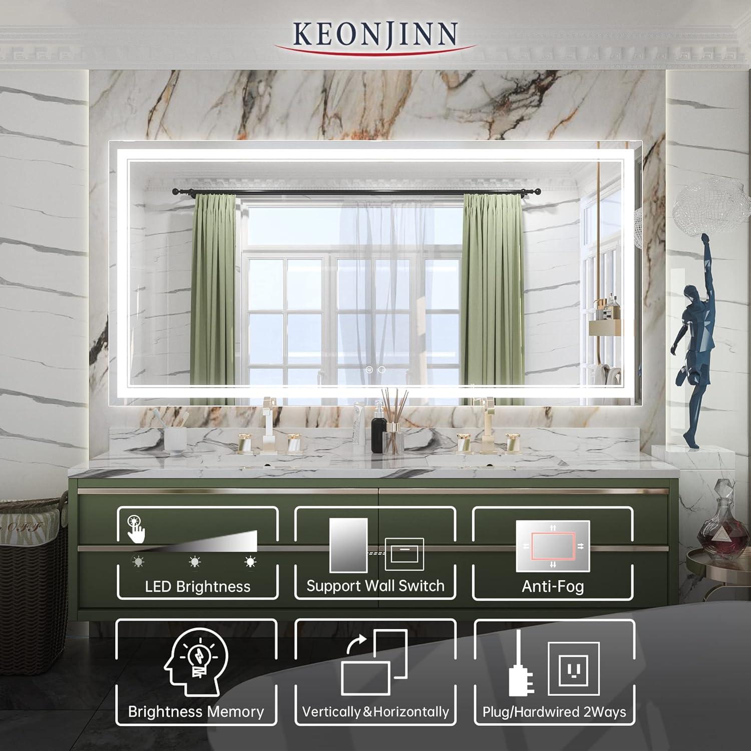 Keonjinn 84 x 32 Inch LED Bathroom Mirror with Lights 3 Color Temperature Frontlit Oversized Vanity Mirror Wall Mounted Anti-Fog, UL Listed LED Driver, Tempered Glass Dimmable Lighted Bathroom Mirror