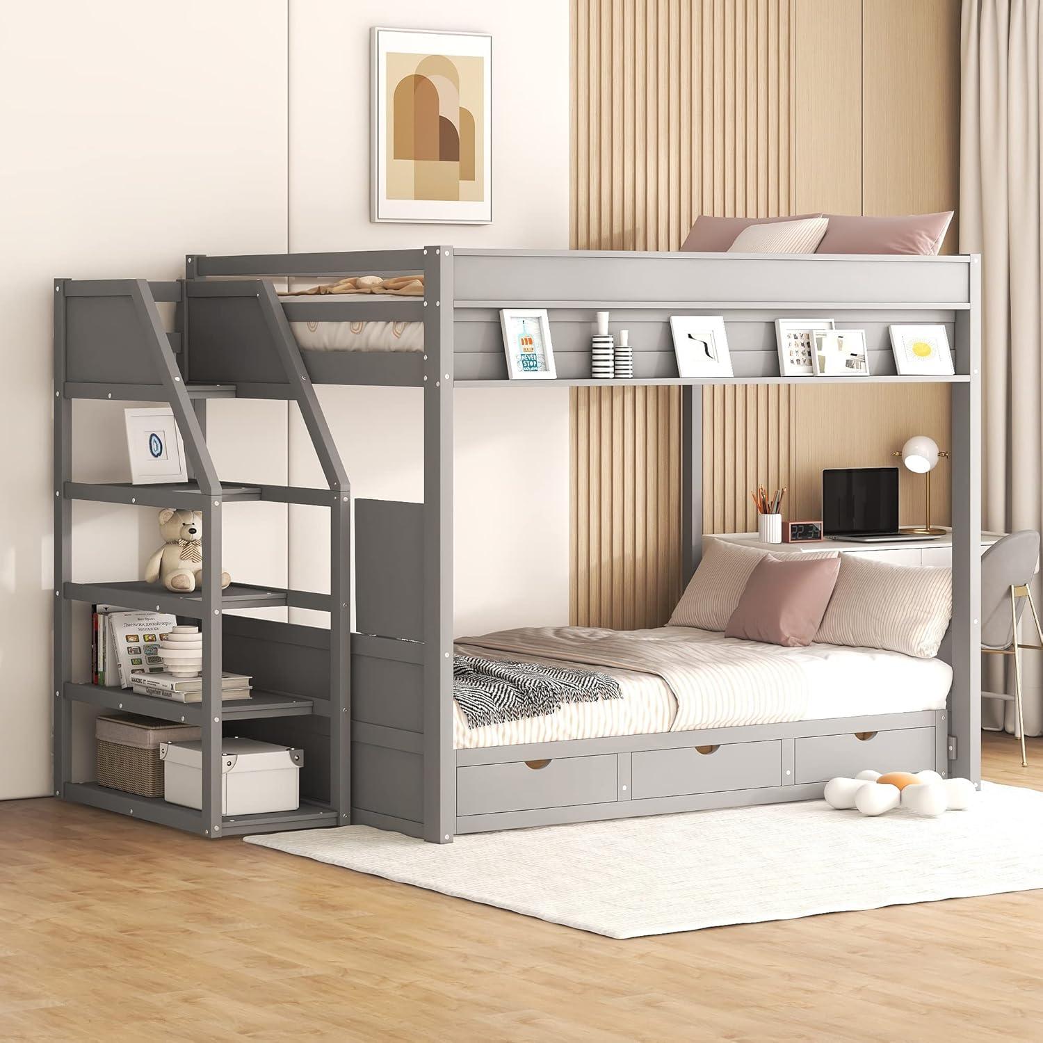 Harper & Bright Designs Full Over Full/Futon Bunk Beds with Stairs and 3 Drawers, Built-in Shelf, Bottom Bed can be Converted into Daybed, Solid Wood Bunk Bed Frame - Gray