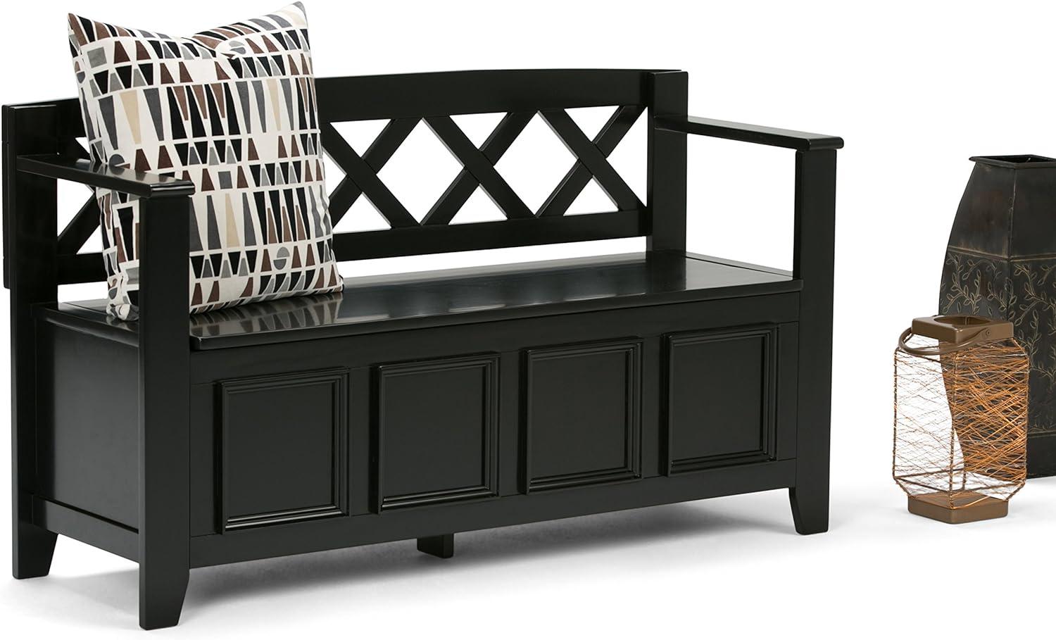 Elegant Black Solid Pine Wood Entryway Storage Bench with Dual Compartments