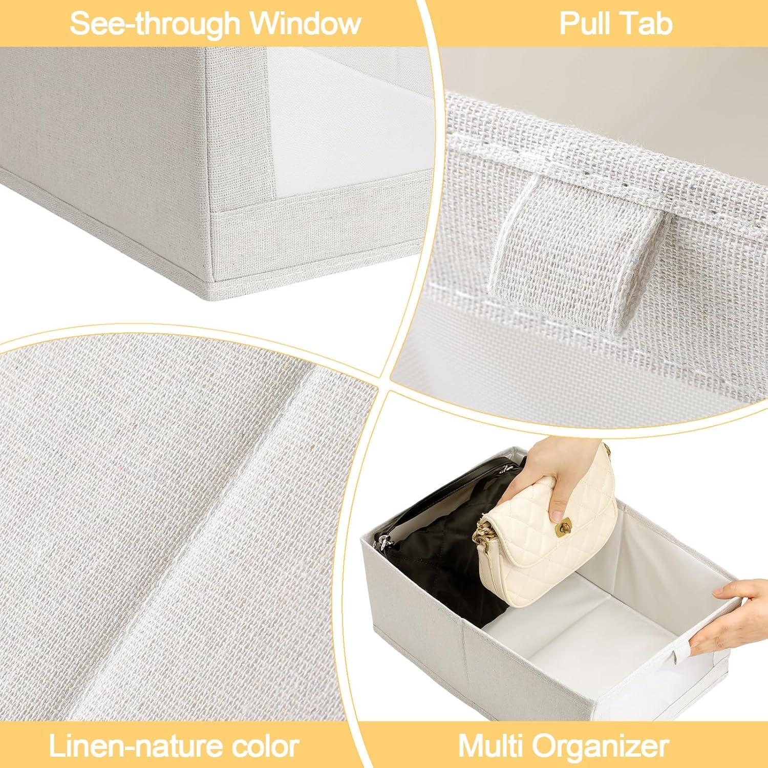 4 Pack TeqHome Foldable Closet Storage Bins with Clear Window Linen Closet Baskets for Closet Organization for Clothing Jeans Shelves Toys Beige