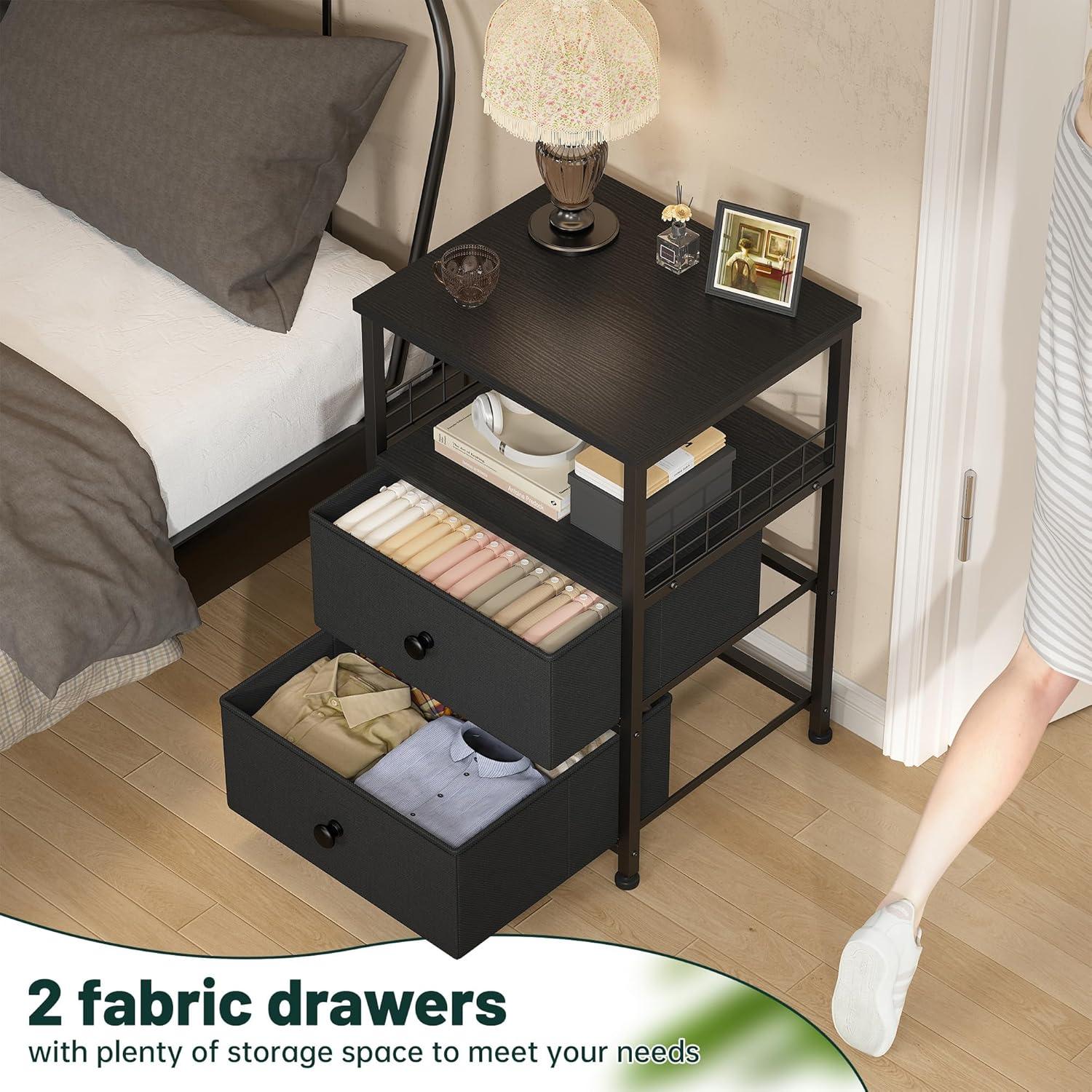 Black and Gray Metal Frame Nightstands with Fabric Drawers
