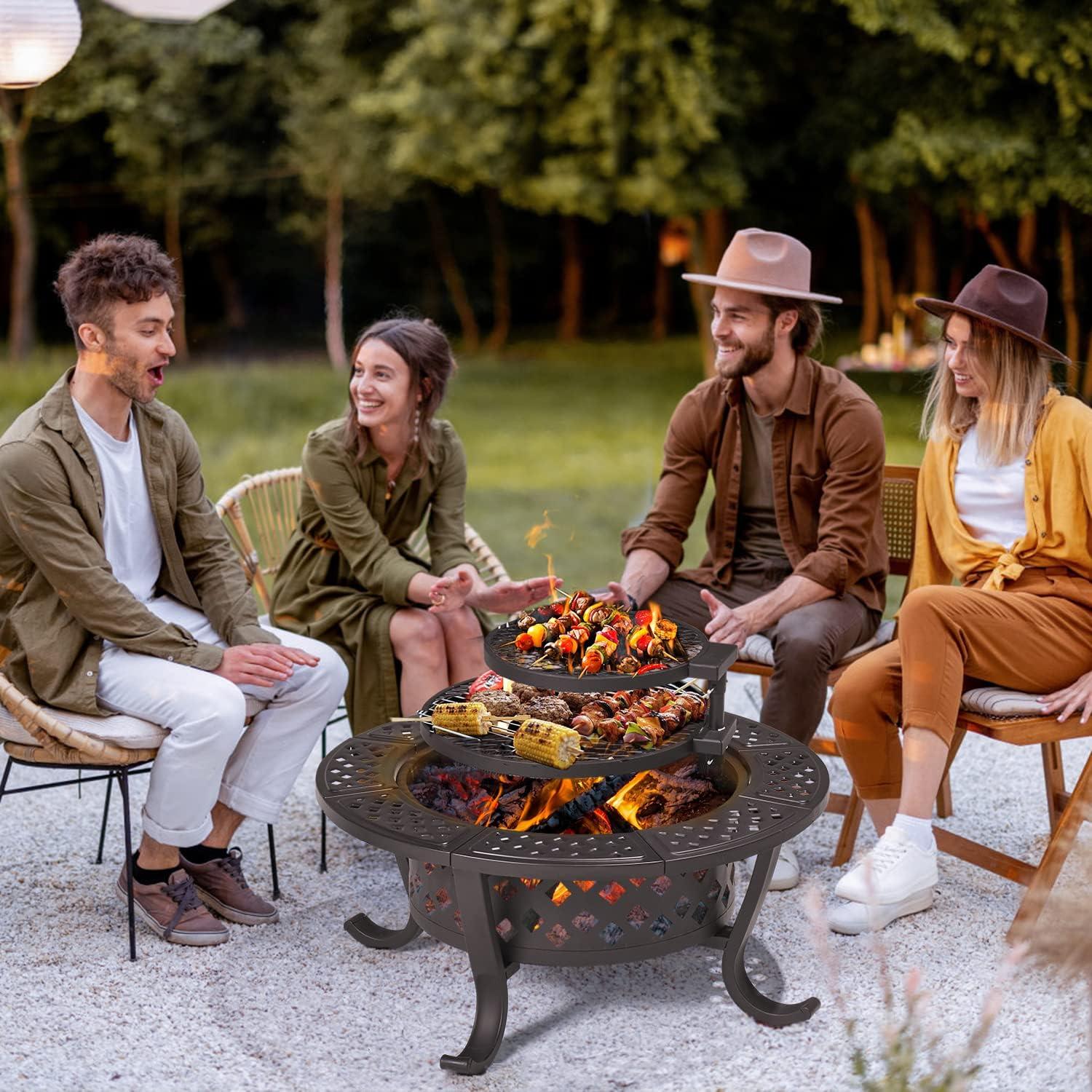 28" Black Round Wood Burning Fire Pit with Double Grill