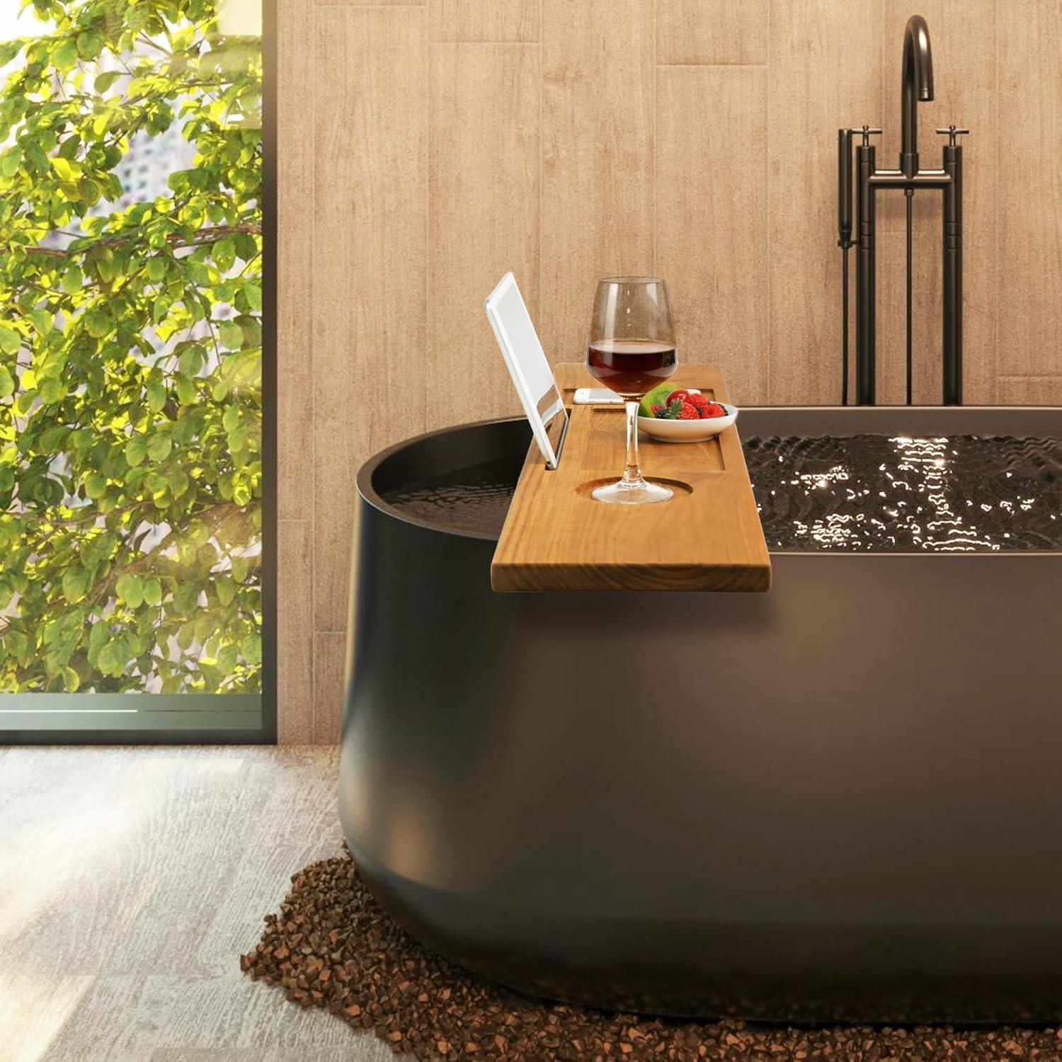 Rebrilliant Teak Bathtub Tray Table, Wooden Bath Board For Tub With Wine And Ipad Holder