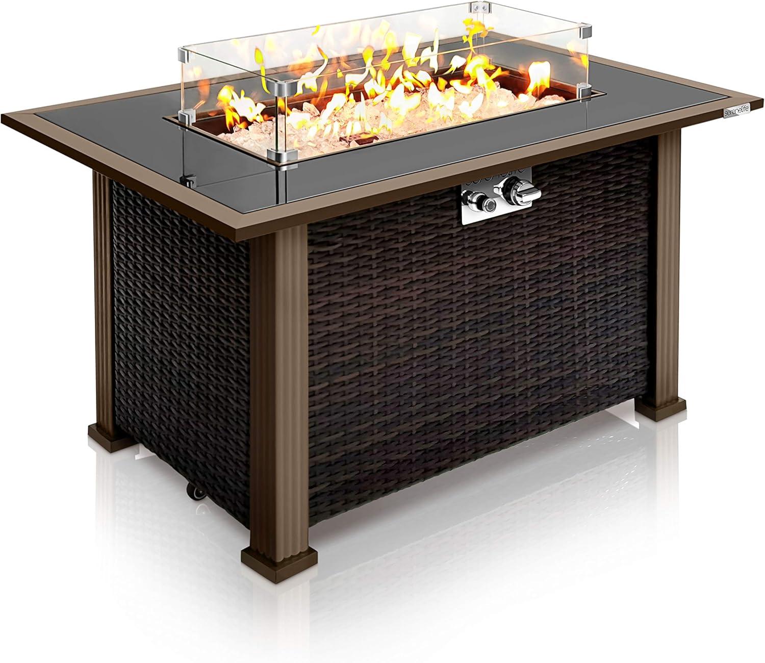 SereneLife Outdoor Propane Gas Fire Pit Table - 50,000 BTU Auto-Ignition Gas Firepit with Glass Wind Guard - SLFPTL.5