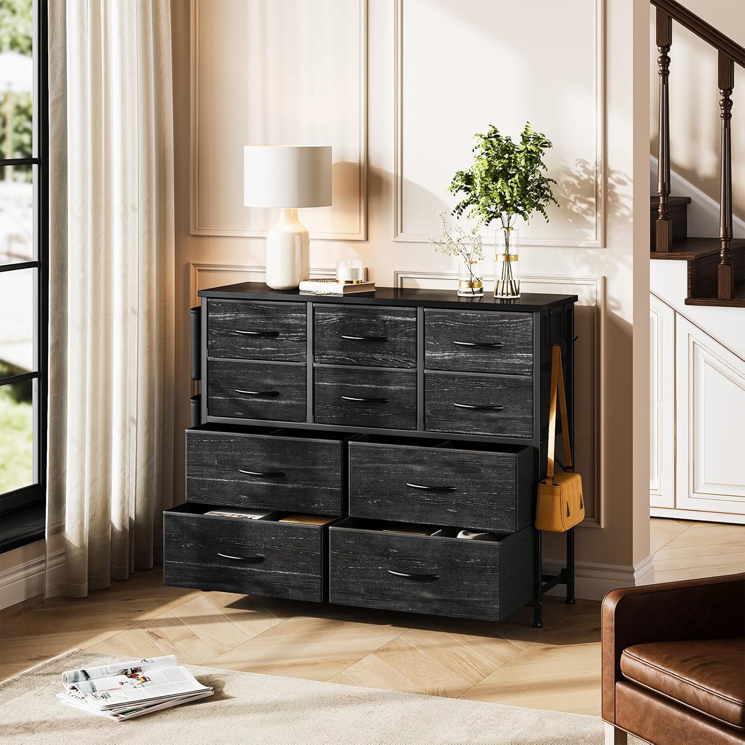 Dresser for Bedroom with 10 Drawers, Dressers & Chest of Drawers, Long Fabric Storage Drawer with Wood Tabletop for Kids Room, Closet, Hallway, Entryway (Graphite Gray)