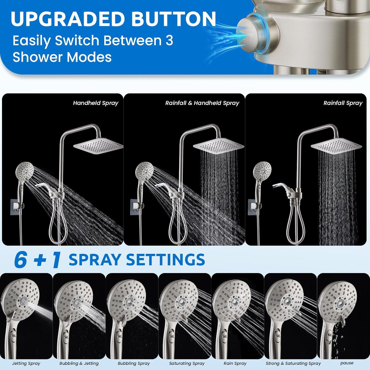 8" Dual Shower Head Combo, Rainfall Shower Head with Handheld, 6 Spray Settings Angle Adjustable Handheld Shower Head with Pause, Height Adjustable, Matte Black