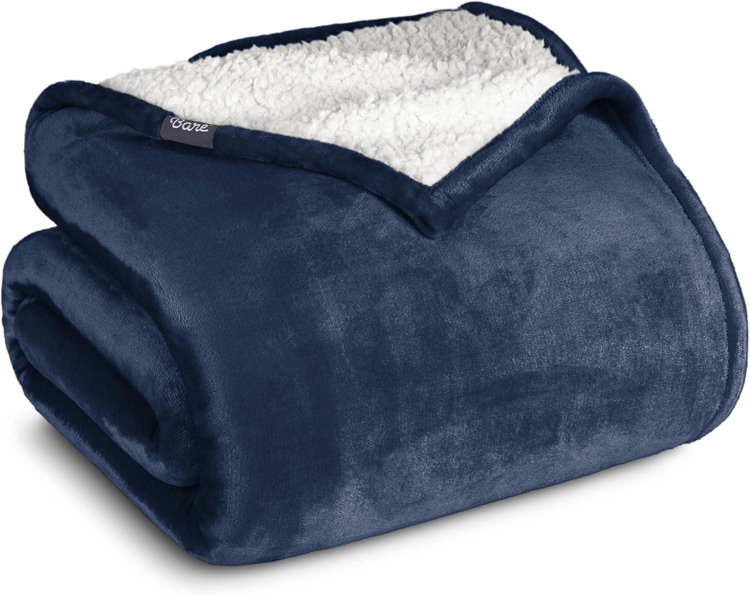 King Dark Blue Reversible Sherpa Fleece Blanket