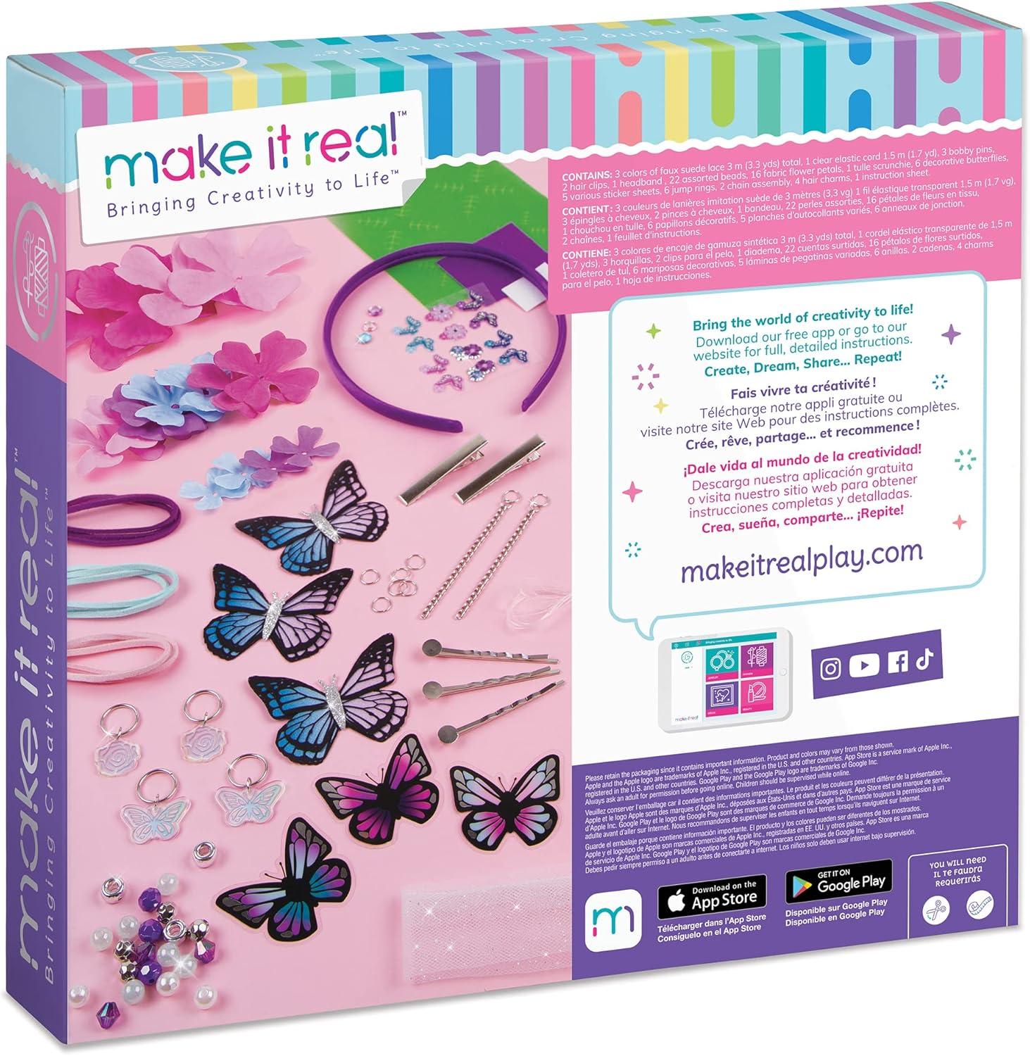 Make It Real: Crown Of Enchantment - DIY Jewelry Kit, Create Up To 12 Eye-Catching Charm Hair Accessories, Butterflies, Pink Purple Blue, 73 Pieces, All-In- 1 DIY KIT, Tweens & Girls, Kids Ages 8+