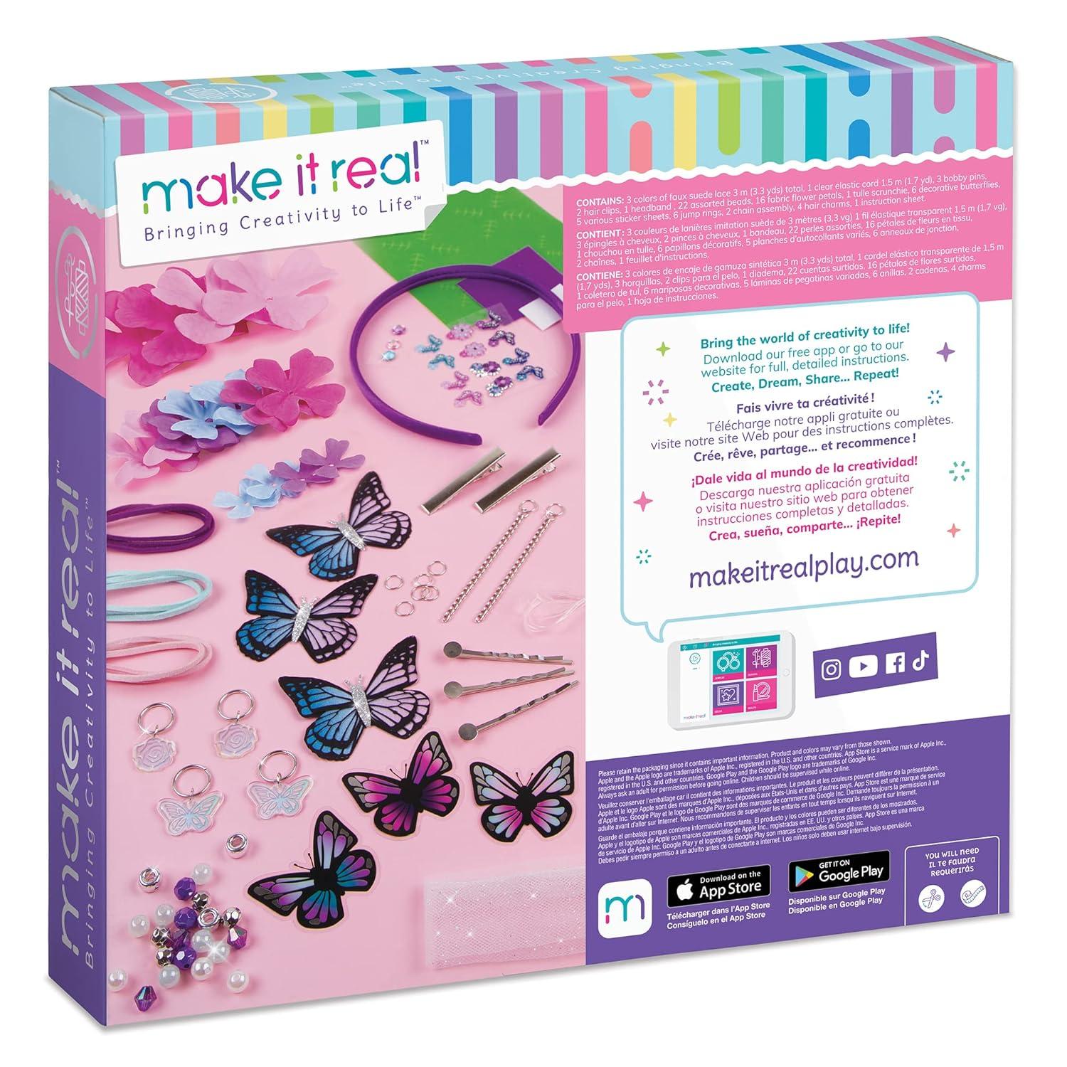 Make It Real: Crown Of Enchantment - DIY Jewelry Kit, Create Up To 12 Eye-Catching Charm Hair Accessories, Butterflies, Pink Purple Blue, 73 Pieces, All-In- 1 DIY KIT, Tweens & Girls, Kids Ages 8+