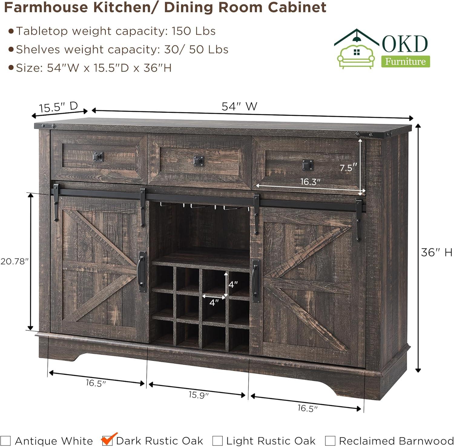 OKD 54" Wine Bar Cabinet w/Sliding Barn Door, Kitchen Coffee Bar Cabinet w/Wine & Glass Rack, 3 Drawers, Large Buffet Sideboard