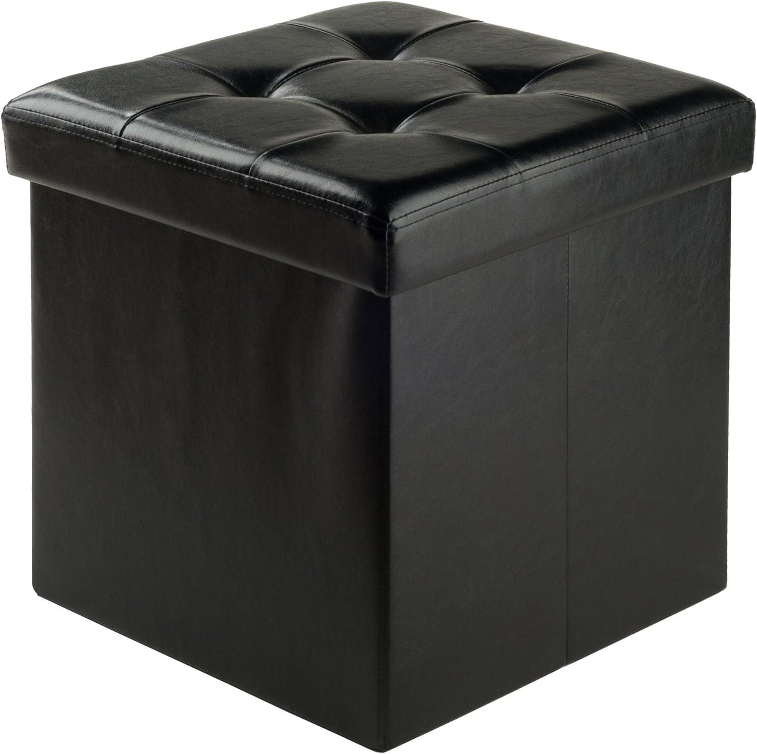 Ashford 15" Black Faux Leather Square Storage Ottoman