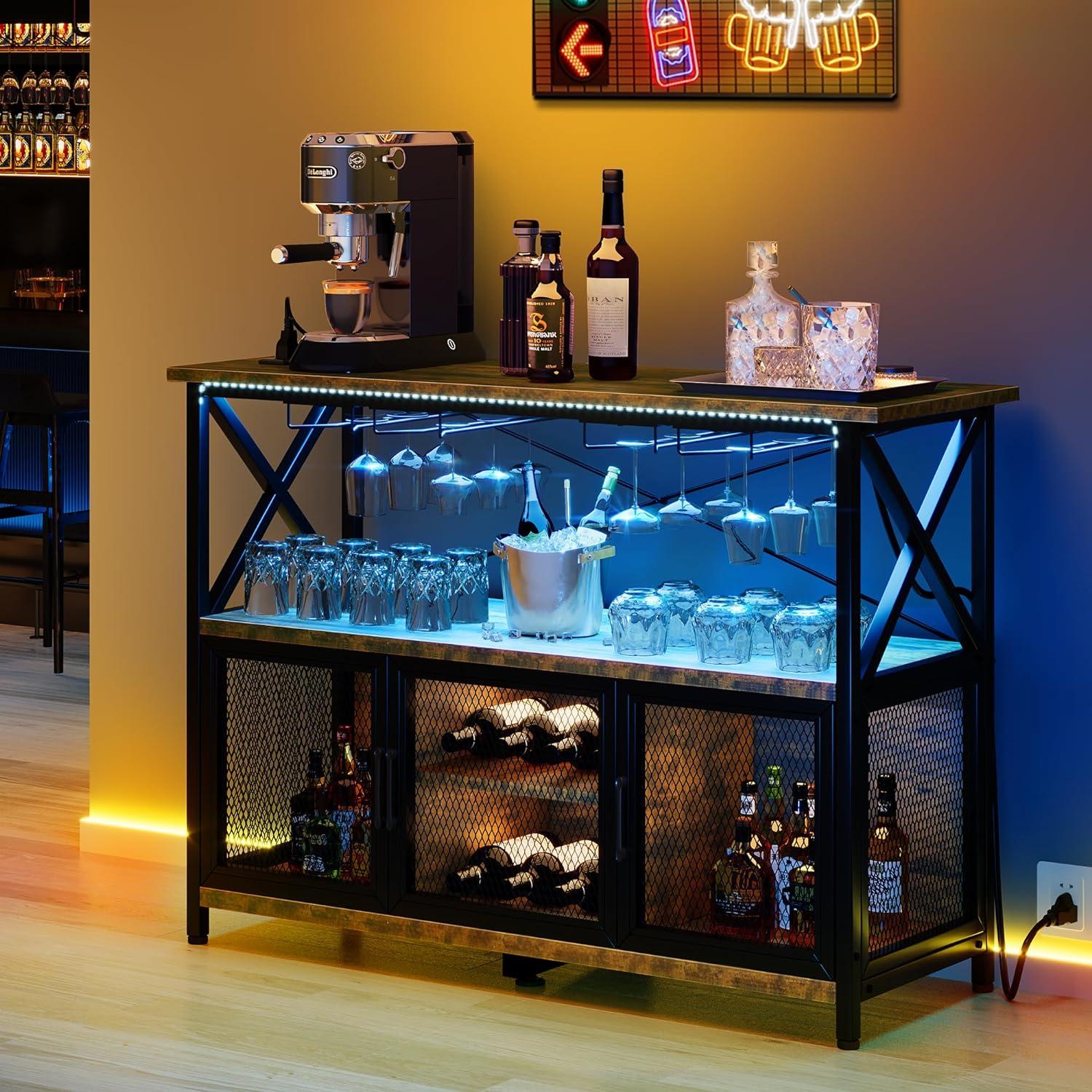 17 Stories 47" Wine Bar Cabinet With LED Lights Power Outlets Industrial Coffee Bar Cabinet