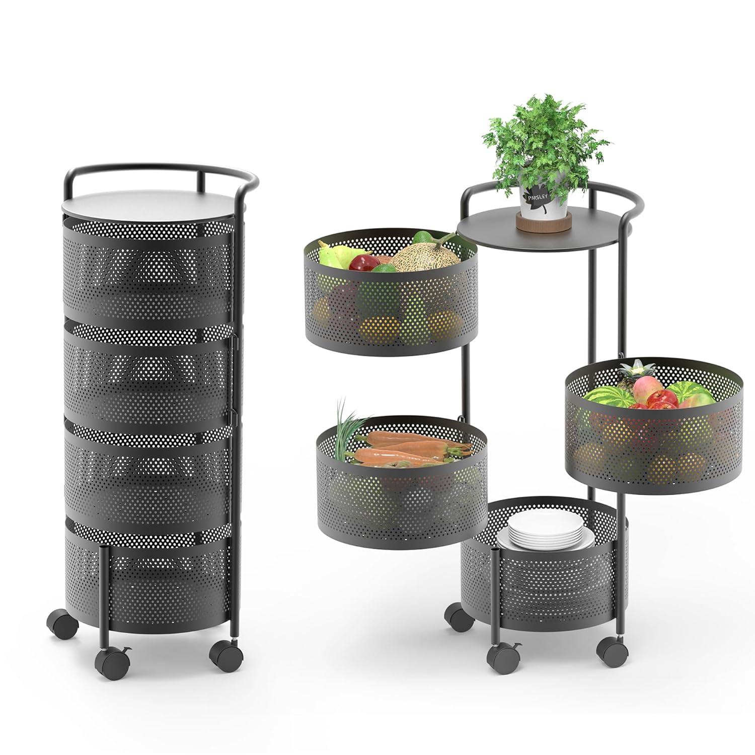 Rotating Kitchen Storage Rack No Assembly, 4-Tier Metal Storage Tower Basket Shelves Organizer on Rolling Wheels with Removal Drawers for Fruit Vegetable Grocery Corns Potato Onion (4-Tier, Black)