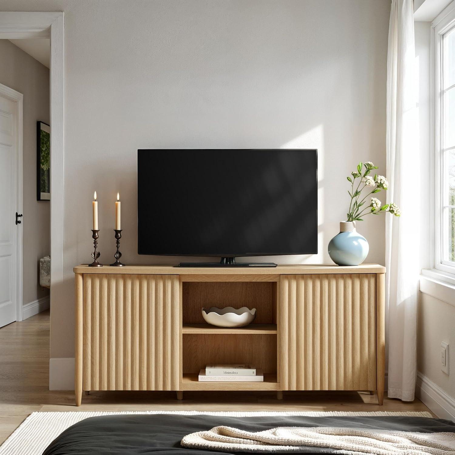 Scandinavian Reeded TV Stand with Storage for up to 70" TVs, Coastal Oak