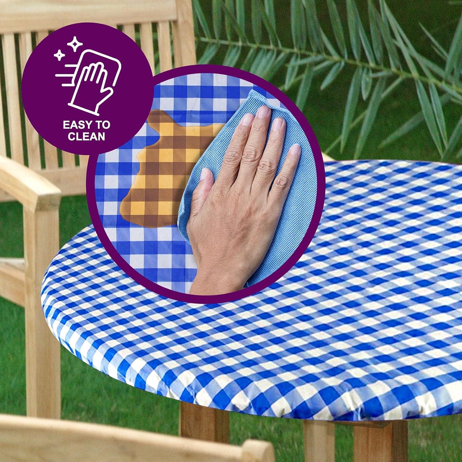 Round Tablecloth -Fitted with Elastic, Vinyl with Flannel Back, 48” Green Checked Design,- By Sorfey