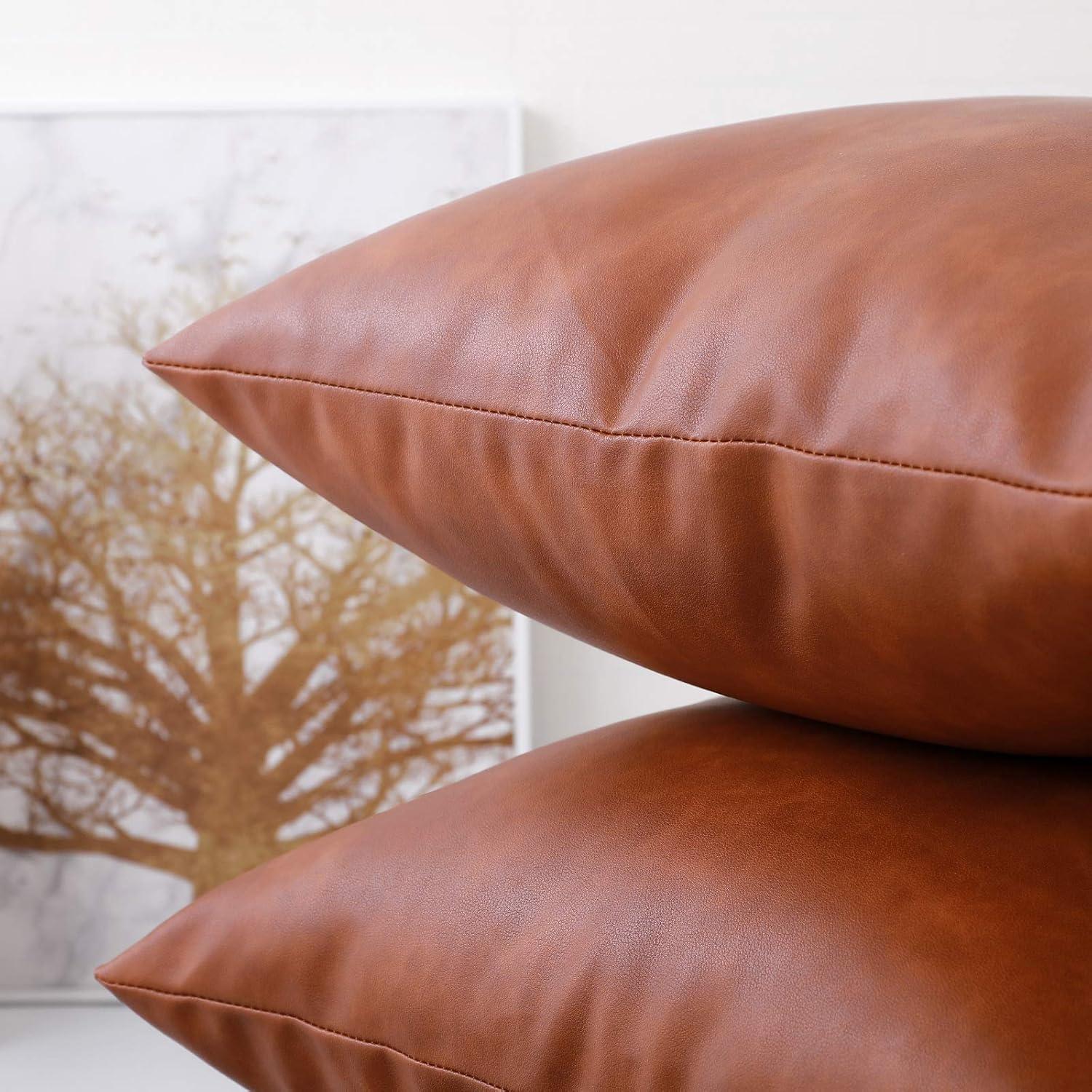 SEEKSEE Faux Leather Lumbar Pillow Cover 12x20 inch, Modern Country Style Decorative Lumbar Pillow for Bedroom Living Room Sofa Brown Accent Pillows.