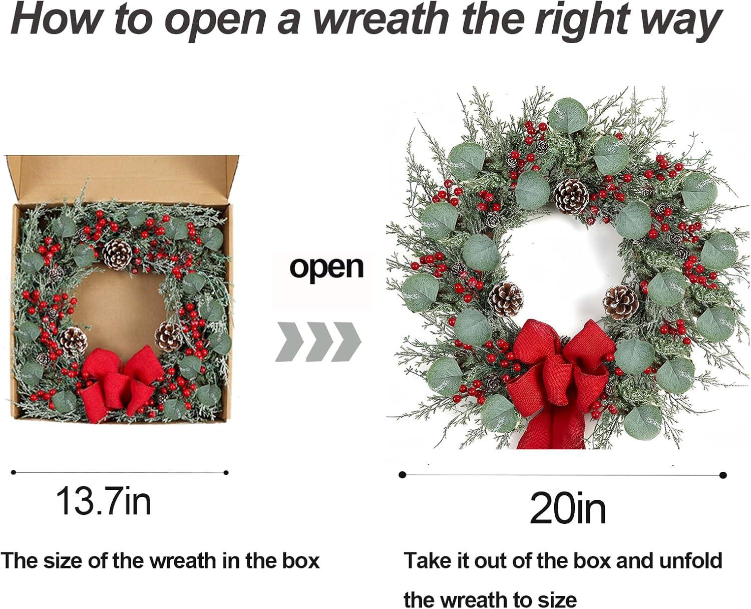 20 Inches Christmas Wreath,Artificial Christmas Wreaths For Front Door Christmas Grapevine Wreath With Pine Needles Pine Cones And Red Berries For Home Decor Christmas Winter Decorations