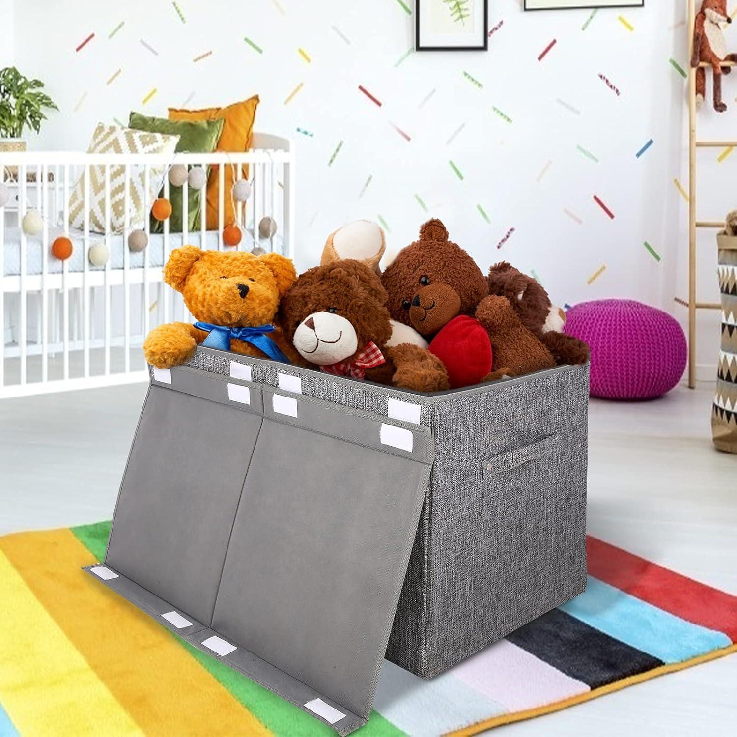 Gray Linen Large Collapsible Toy Storage Box with Lid