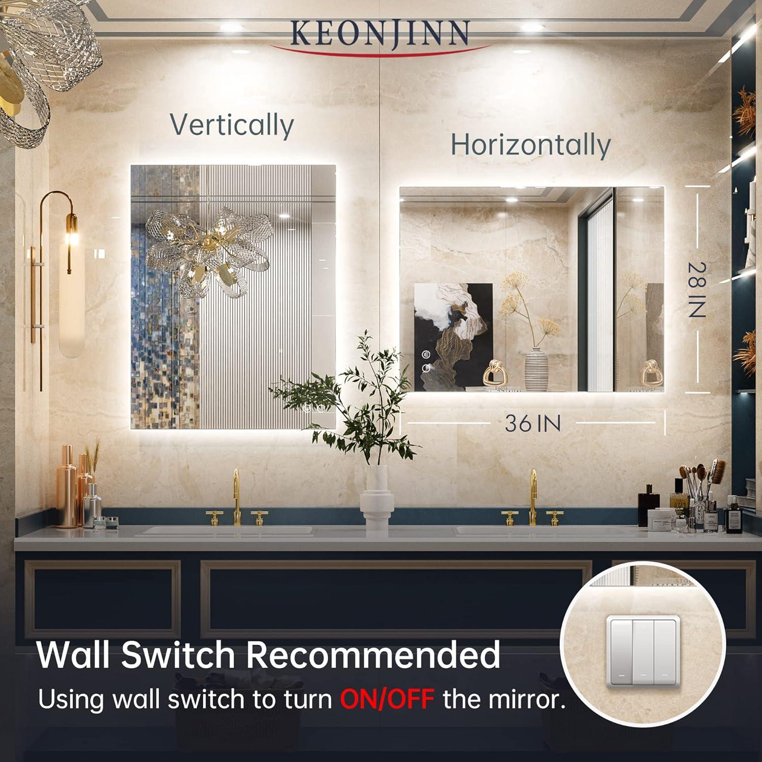 Keonjinn 36 x 28 inch Bathroom LED Mirror Backlit Wall Mounted Makeup Mirror Anti-Fog Vanity Mirror with Lights (Horizontal/Vertical)