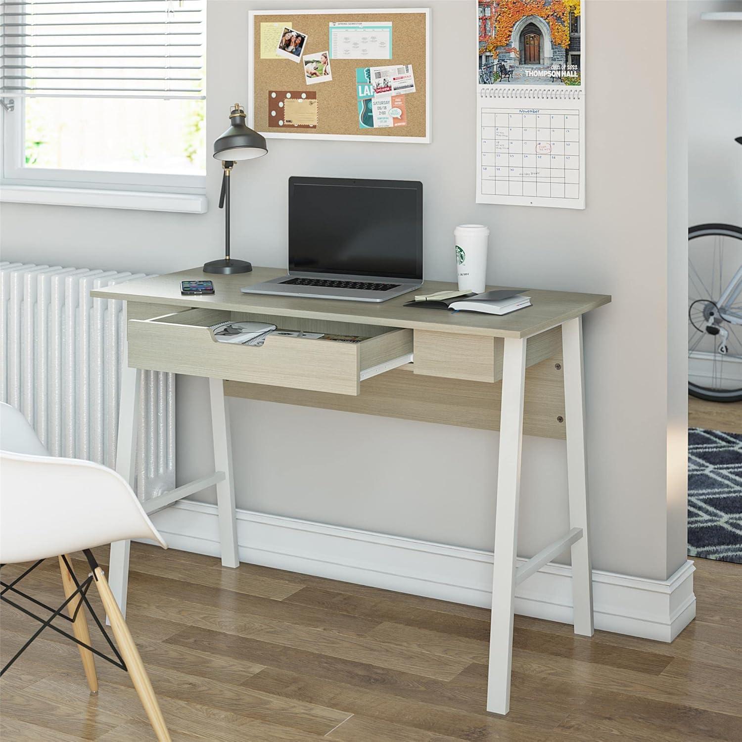 Pale Oak and White Writing Desk with Drawer