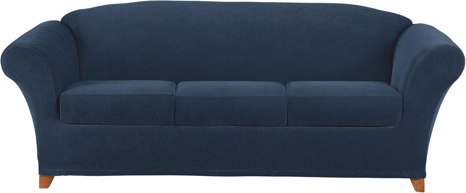 Navy Stretch Pique 3-Seat Sofa Slipcover with Zippered Cushions