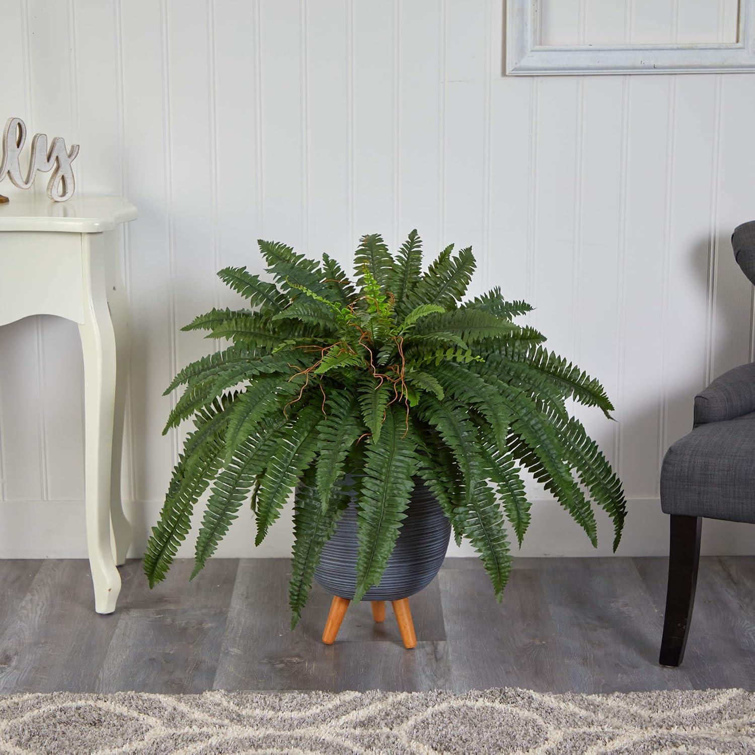 33" Green Plastic Fern in Gray Planter