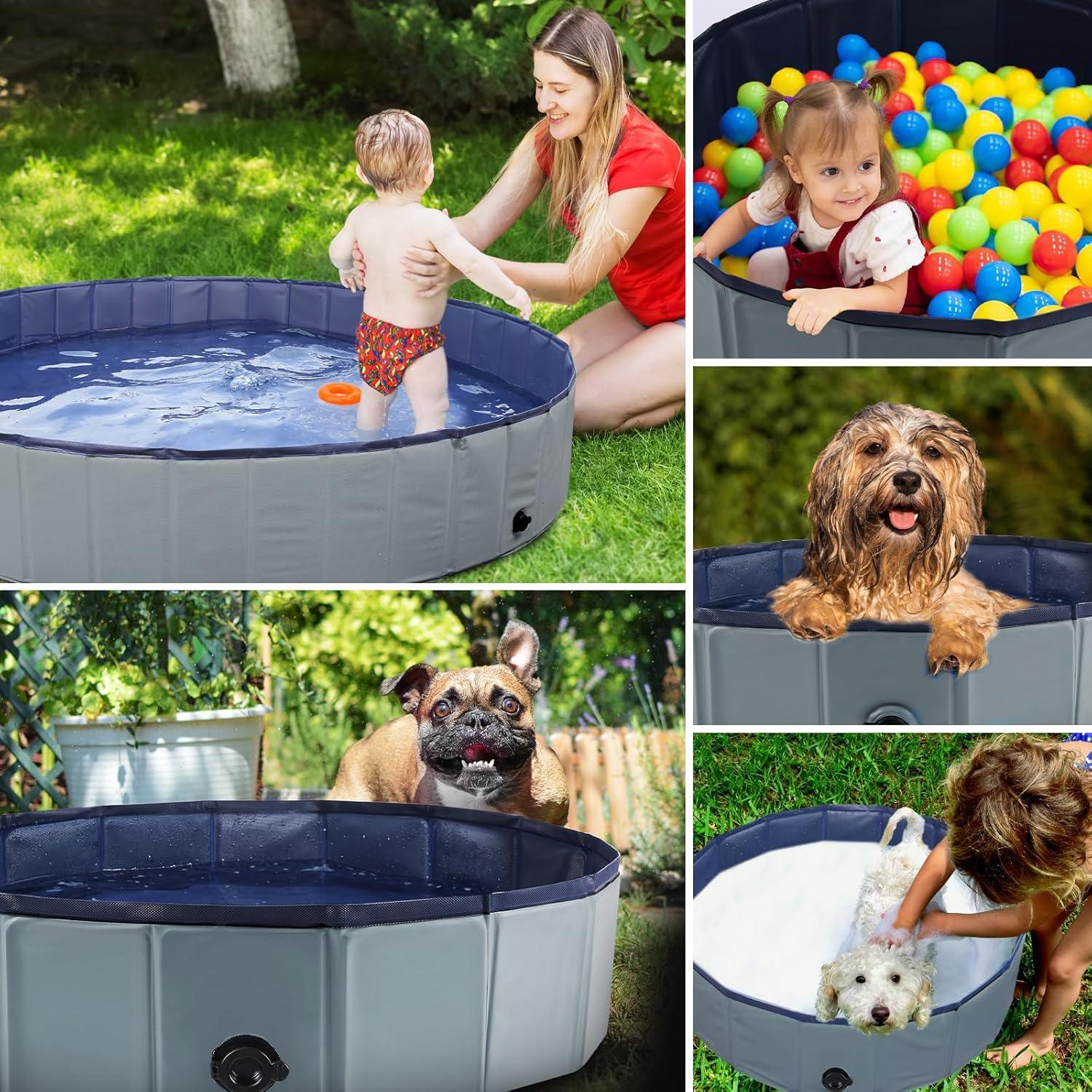 Foldable Dog Bath Swimming Pool Plastic Kiddie Pool Professional Tub Collapsible Grooming Bathtub for Pets Kids Baby and Toddler, 32 x 8 Inches Blue (Gray, S - 32'' x 8'')
