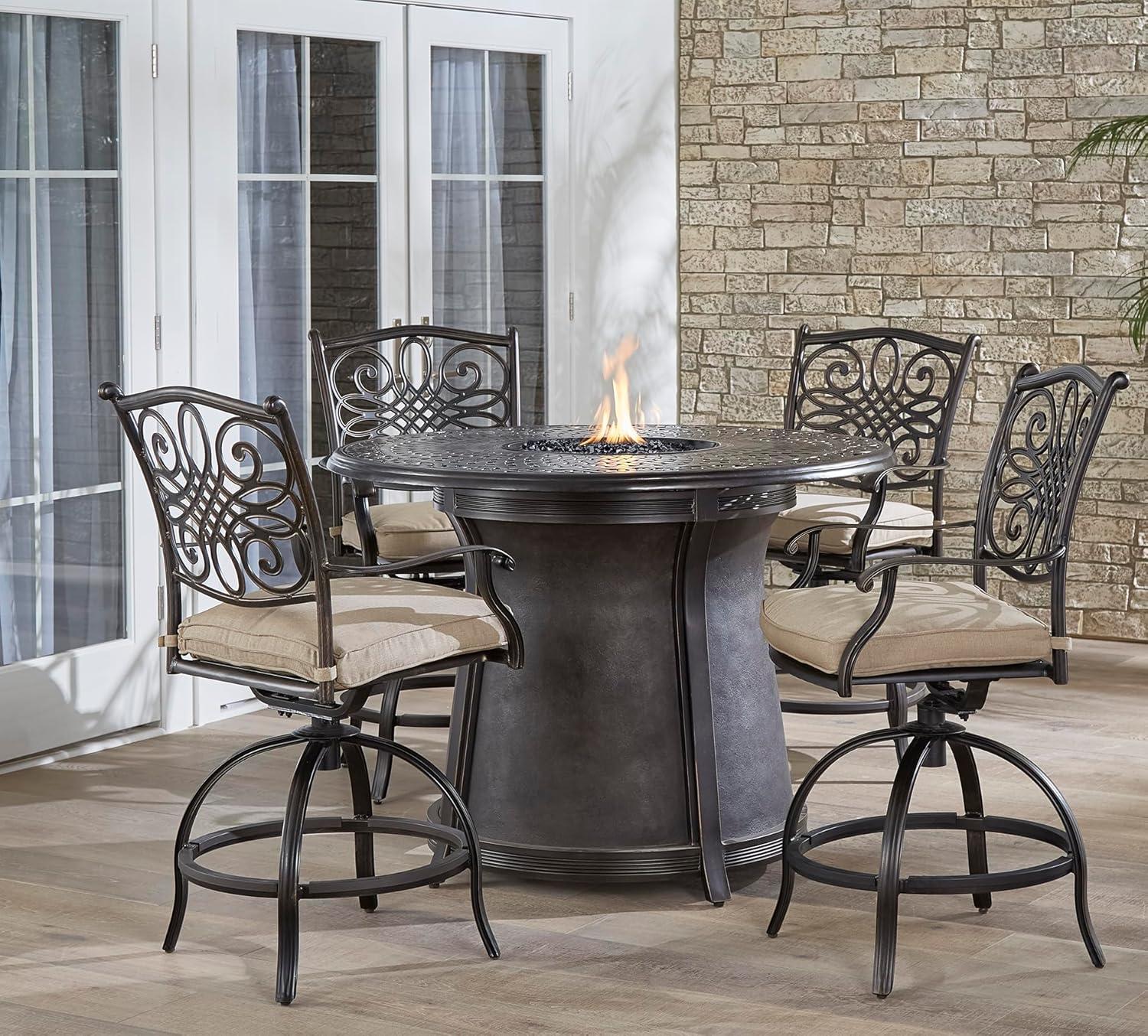 Hanover Traditions 5-Piece High-Dining Set in Tan with 4 Swivel Chairs and a 40,000 BTU Cast-top Fire Pit Table