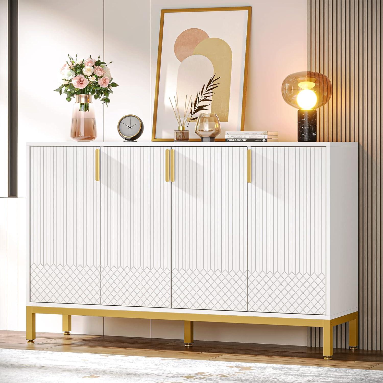 White and Gold 59" Modern Sideboard Buffet Cabinet with 4 Doors