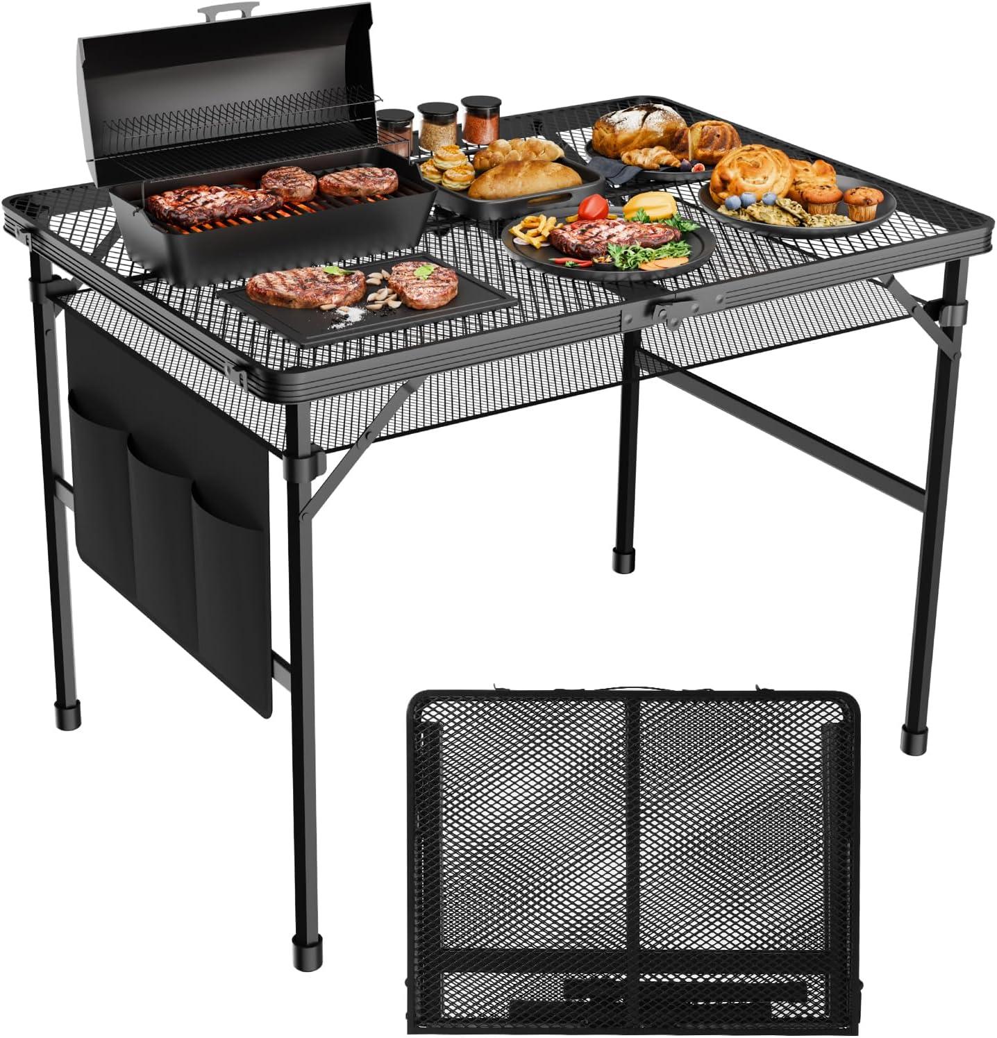 Black Adjustable Height Folding Grill Table with Metal Mesh