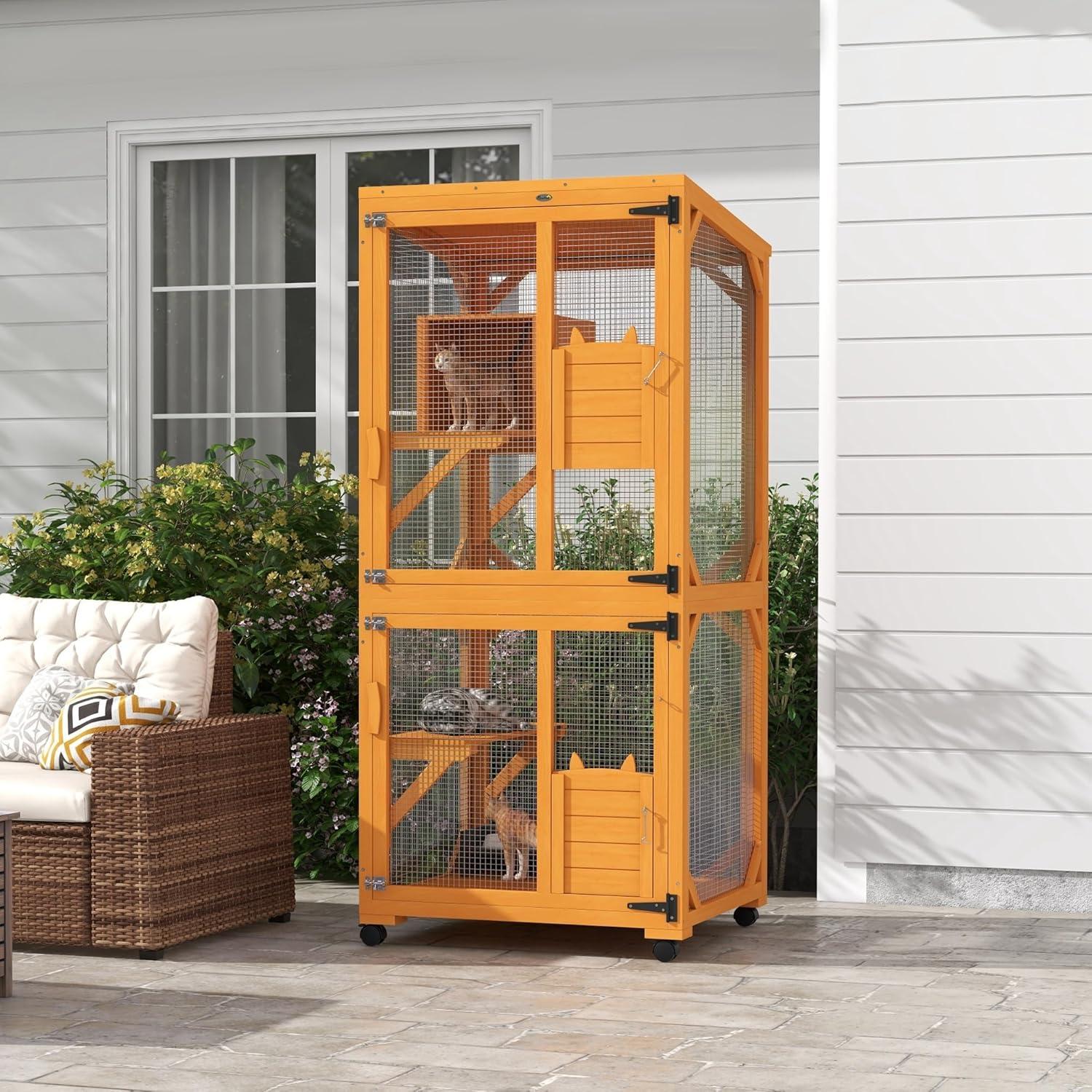 PawHut Catio Outdoor, Large Cat Enclosure, Wooden Kitten House, Elevated Design, with Wheels, Water-Resistant, Multi Platforms, for 1-3 Cats, Orange