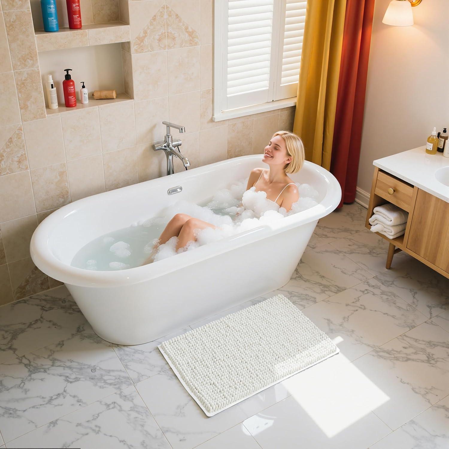 Bathroom Rugs Chenille Bath Rug Soft Short Plush, Water Absorbent Shower Mat Quick Dry Machine Washable(White,16" x 24")