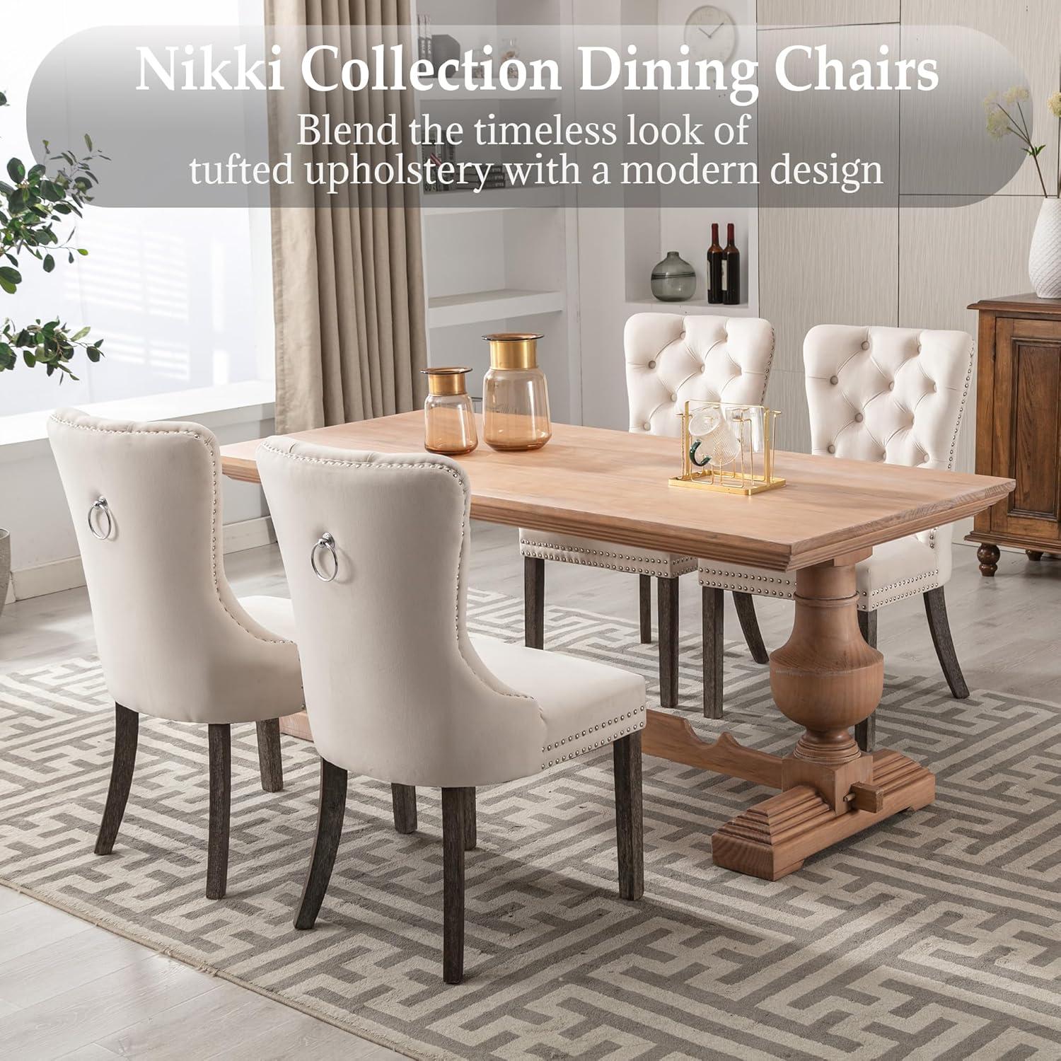 Velvet Dining Chairs Set of 4, Nikki Collection Dining Room Chairs with Wood Legs and Pull Ring, Luxury Side Chair with Nailhead Trim and Button Tufted Back, Beige