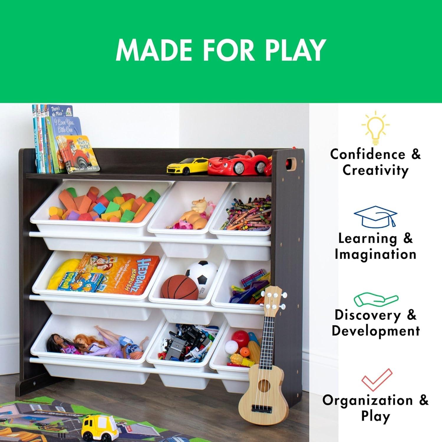 Humble Crew Espresso Toy Storage Organizer with Shelf and 9 Plastic Storage Bins, Espresso/White