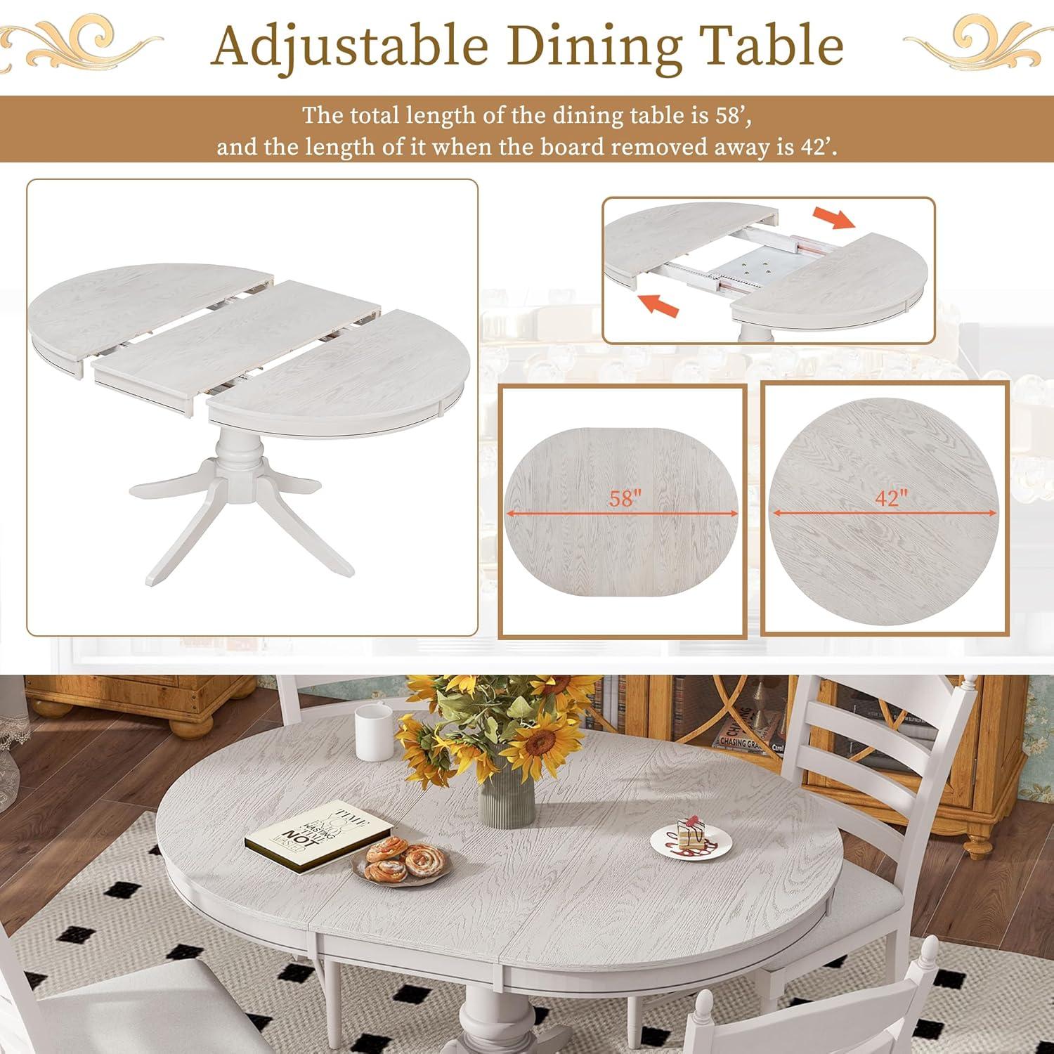 MERITLINE Dining Table Set, 5-Piece Retro Functional Dining Table Set, Wood Round Extendable Dining Table and 4 Upholstered Dining Chairs（Off White）