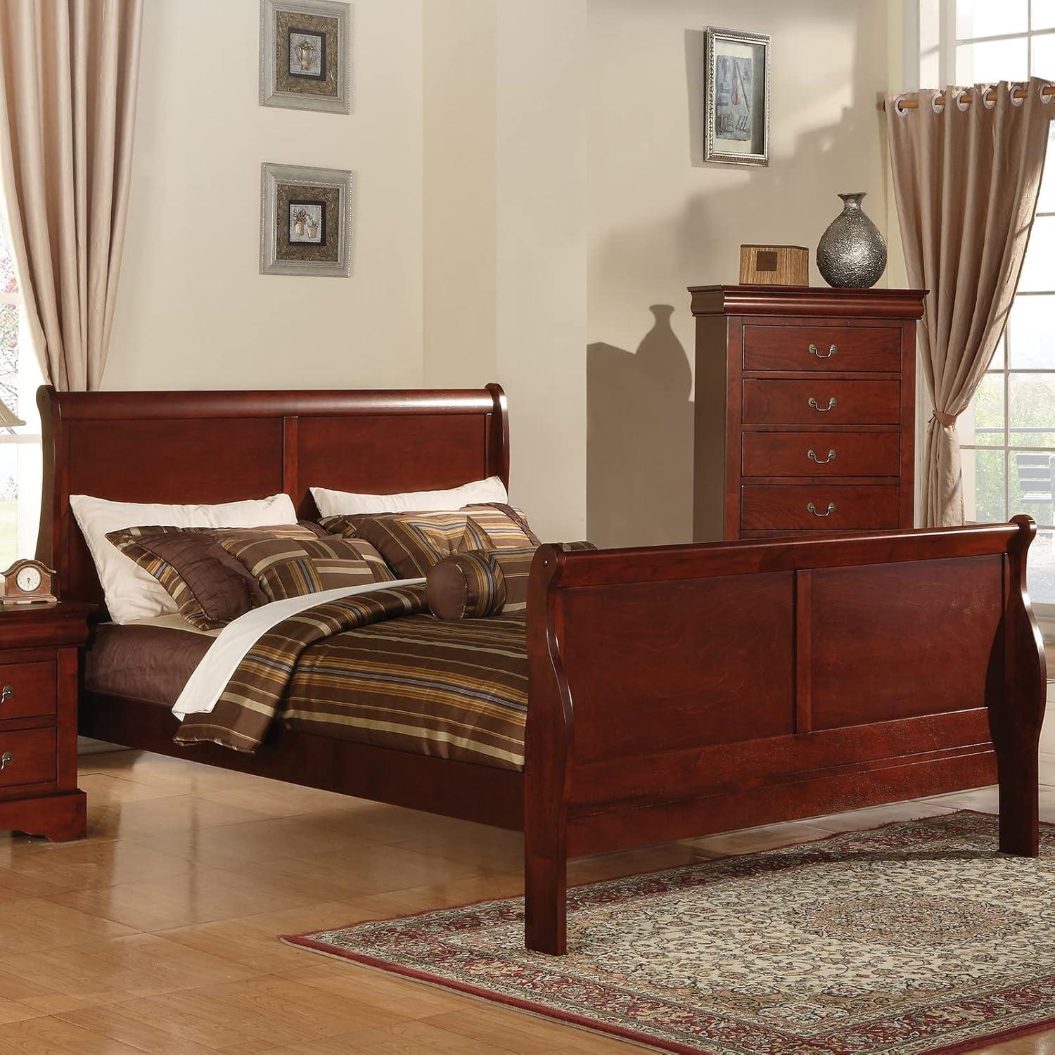 Cherry Pine Queen Sleigh Bed with Wood Headboard