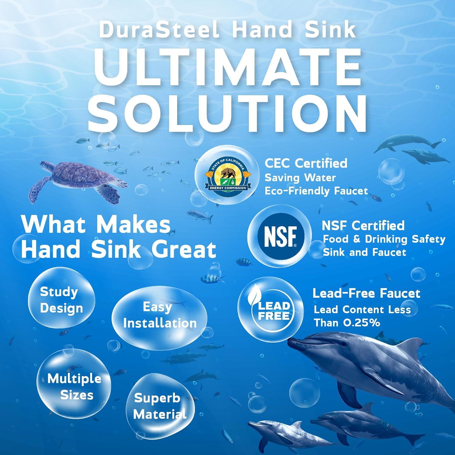 DuraSteel Stainless Steel Sink - NSF Commercial Wall Mount Kitchen Sink - Small Hand Sink with 12" x 10" x 5.5"D Wash Basin - With Sink Strainer and Faucet - For Laundry, Restaurants, Bars, and More