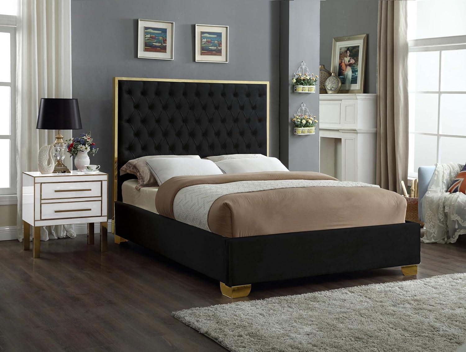Lana Black Velvet Queen Bed-Color:Black Velvet,Finish:Gold,Style:Contemporary