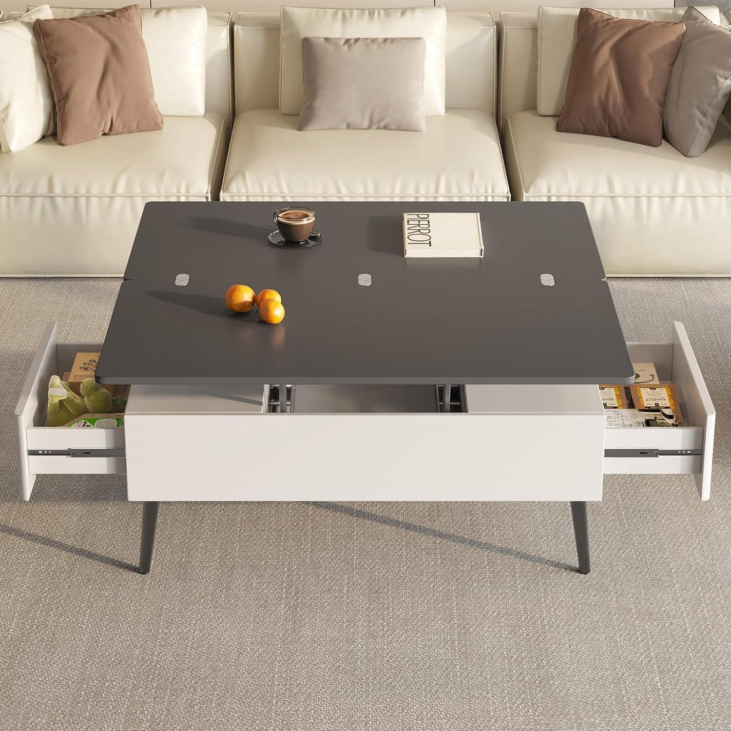 Guyii Extendable Coffee Table, 3-in-1 Lift Top Coffee Table with 2 Storage Drawers and Hidden Compartment for Living Room, Home, White