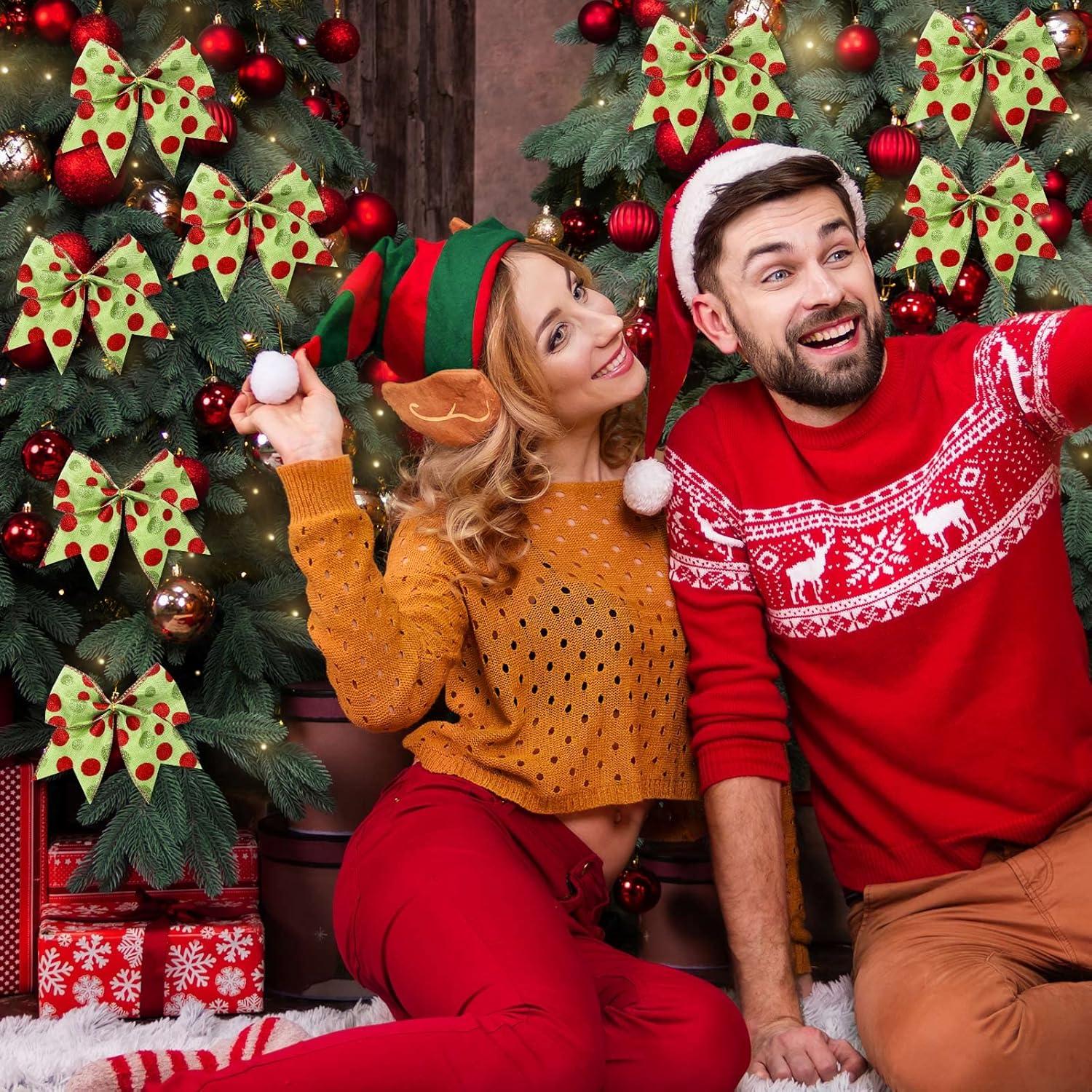 Sandistore Cute Cars 12pcs Christmas Tree Bows Ornaments 6 Inch Large Christmas Wreath Bows Red Green Xmas Tree Bows Christmas Glitter Dot Bows Ribbons Decoration For Garland Diamonds for Crafts