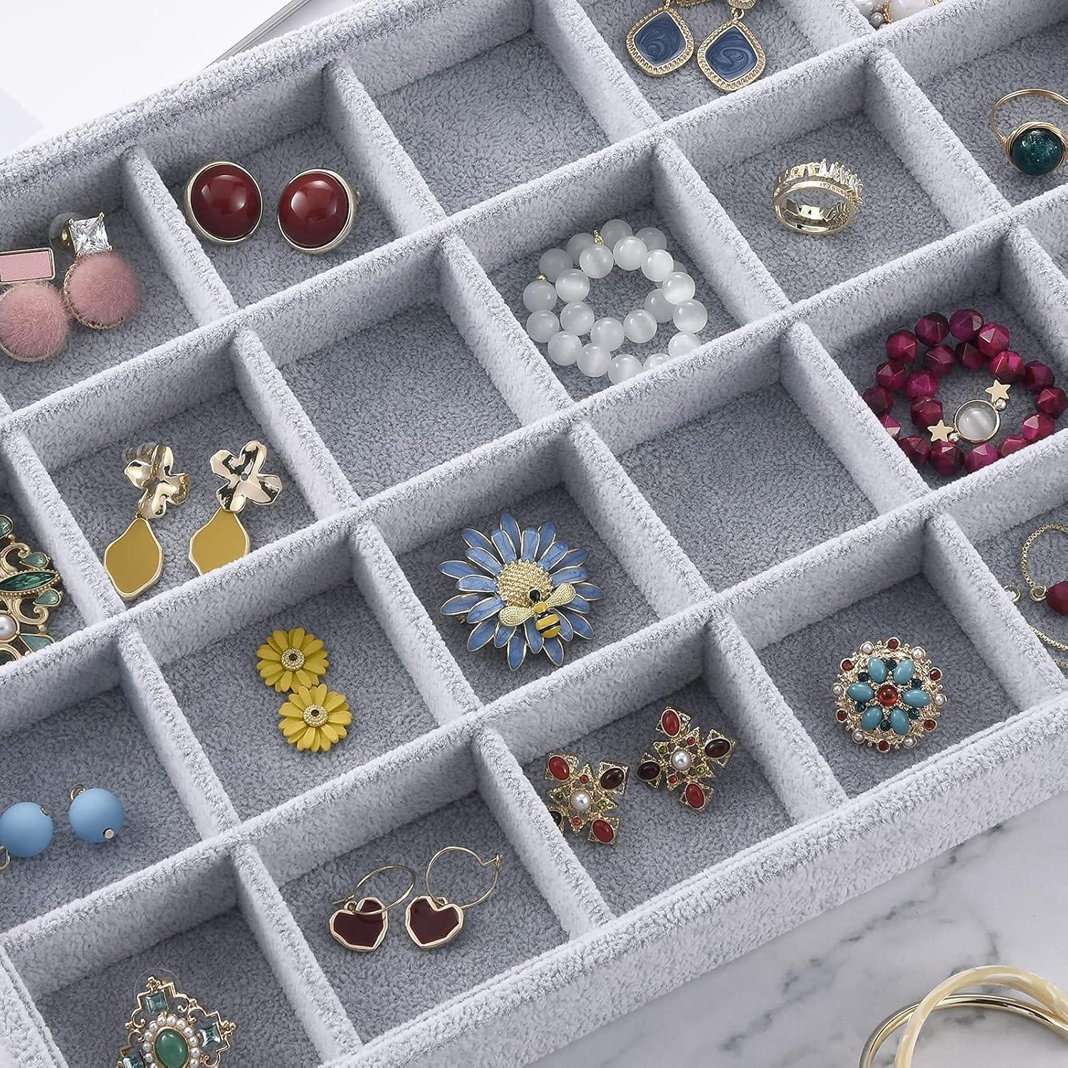 Coofanin Jewelry Box Jewelry Tray Stackable Display Drawer Showcase Organizer Storage Holder for Ring Earring Bracelet Gray Velvet 24 Grid (Grey )